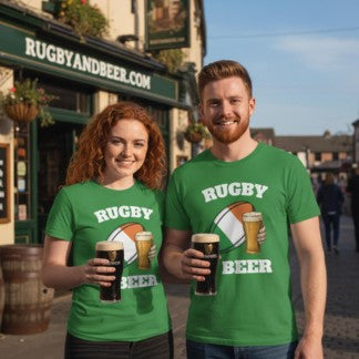 Couple wearing Ireland Rugby & Beer T-shirts, celebrating Irish rugby pride in green.