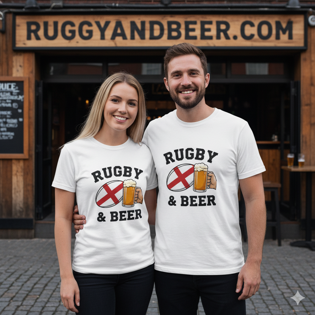 Couple wearing England Rugby & Beer T-shirts in white and red, showing English rugby pride.