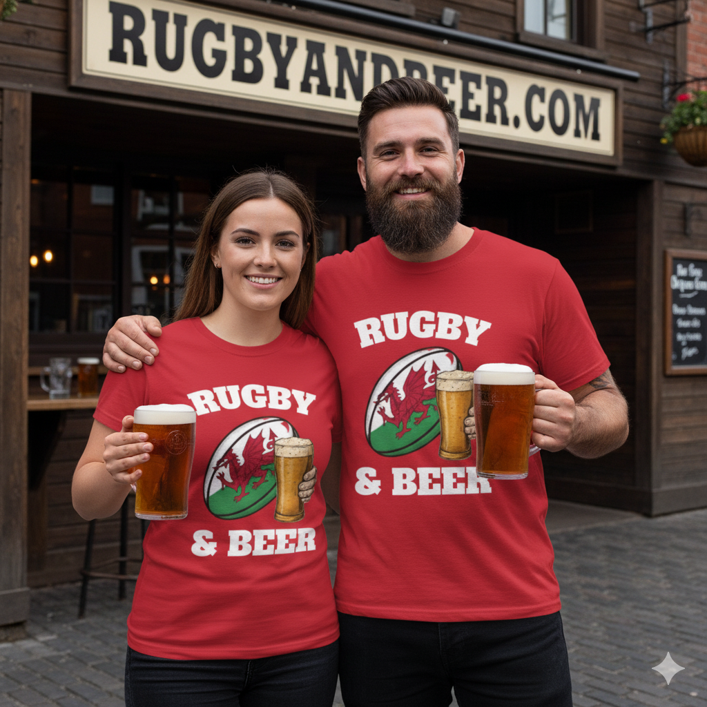 Couple wearing Wales Rugby & Beer T-shirts in red, celebrating Welsh rugby passion and pride.
