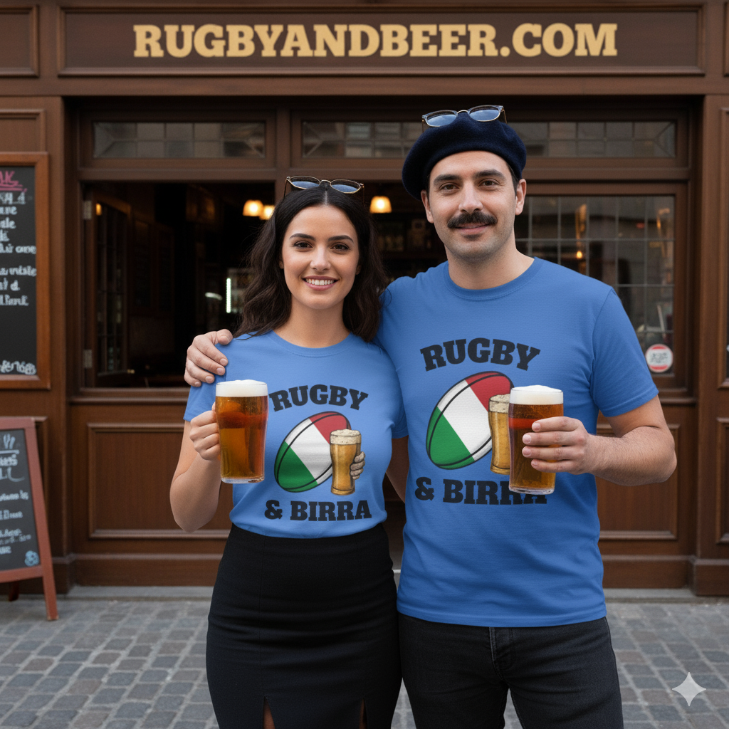 Couple wearing Italy Rugby & Beer T-shirts in blue, showing Azzurri rugby passion and style.