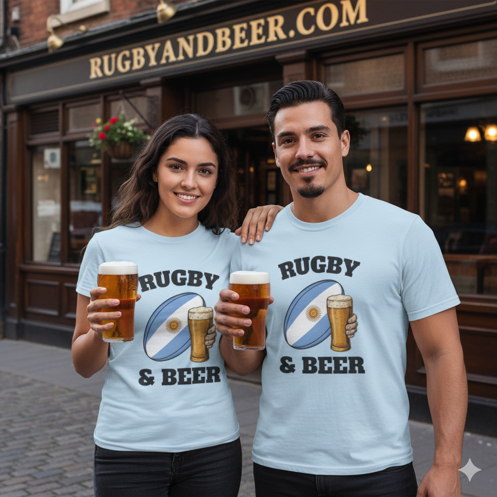 Couple wearing Argentina Rugby & Beer T-shirts in blue and white, showing Los Pumas spirit.