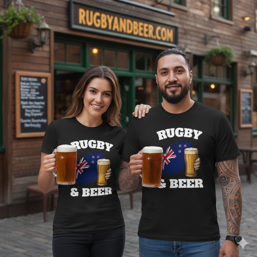 Couple wearing New Zealand Rugby & Beer T-shirts in black, honouring All Blacks rugby legacy.