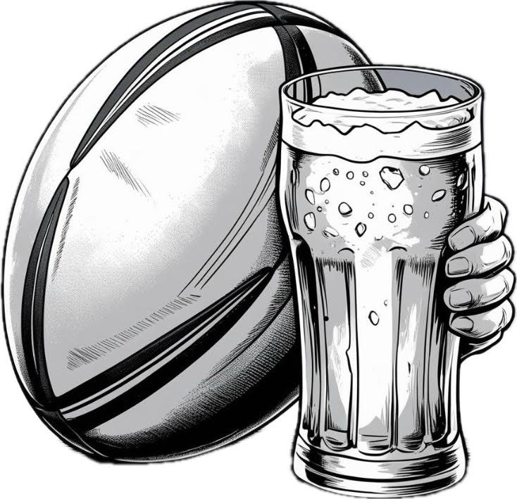 Rugby & Beer logo featuring a rugby ball and a pint glass - symbolizing rugby passion and pub culture