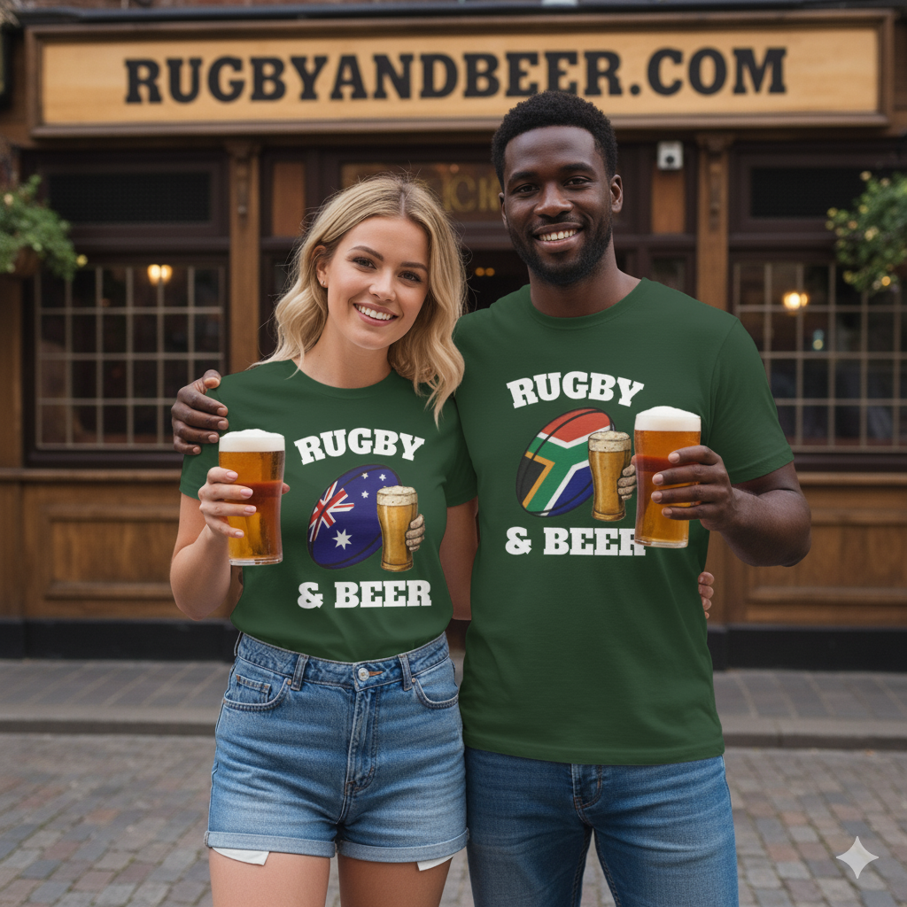 Couple wearing South Africa Rugby & Beer T-shirts in green and gold, supporting the Springboks.