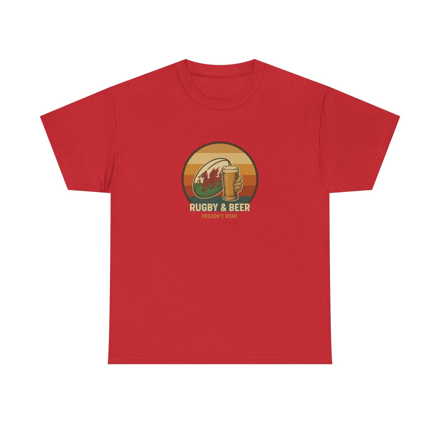 Red vintage Welsh Rugby & Beer T-Shirt with Dragon's Roar design, laid flat.