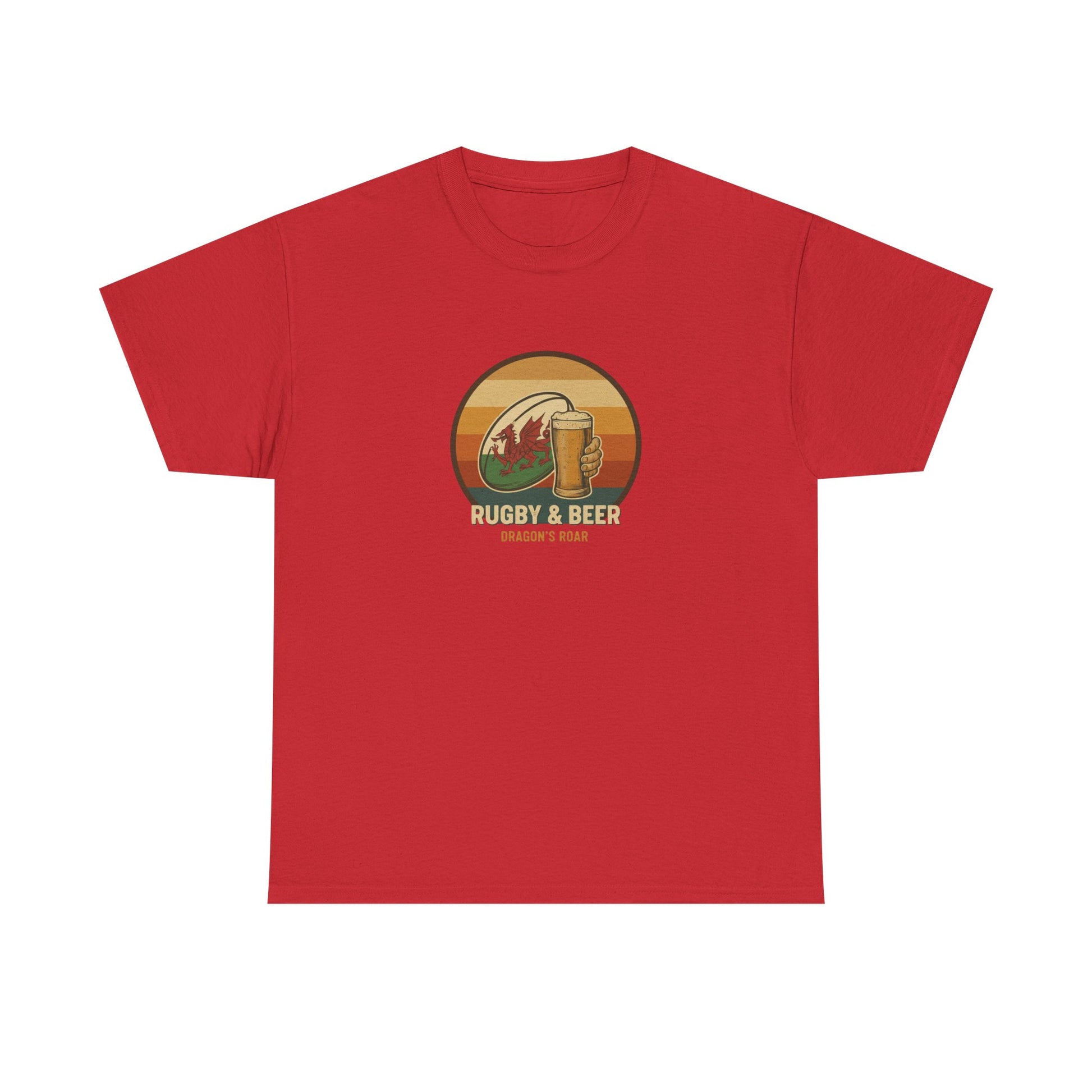 Red vintage Welsh Rugby & Beer T-Shirt with Dragon's Roar design, laid flat.