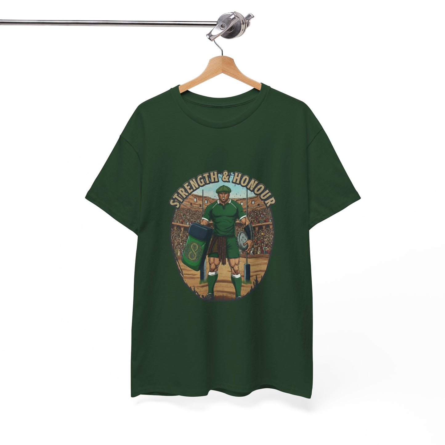 Green t-shirt with a graphic of a Irish rugby player with `Strength & Honour` text on a white background, on a hanger.