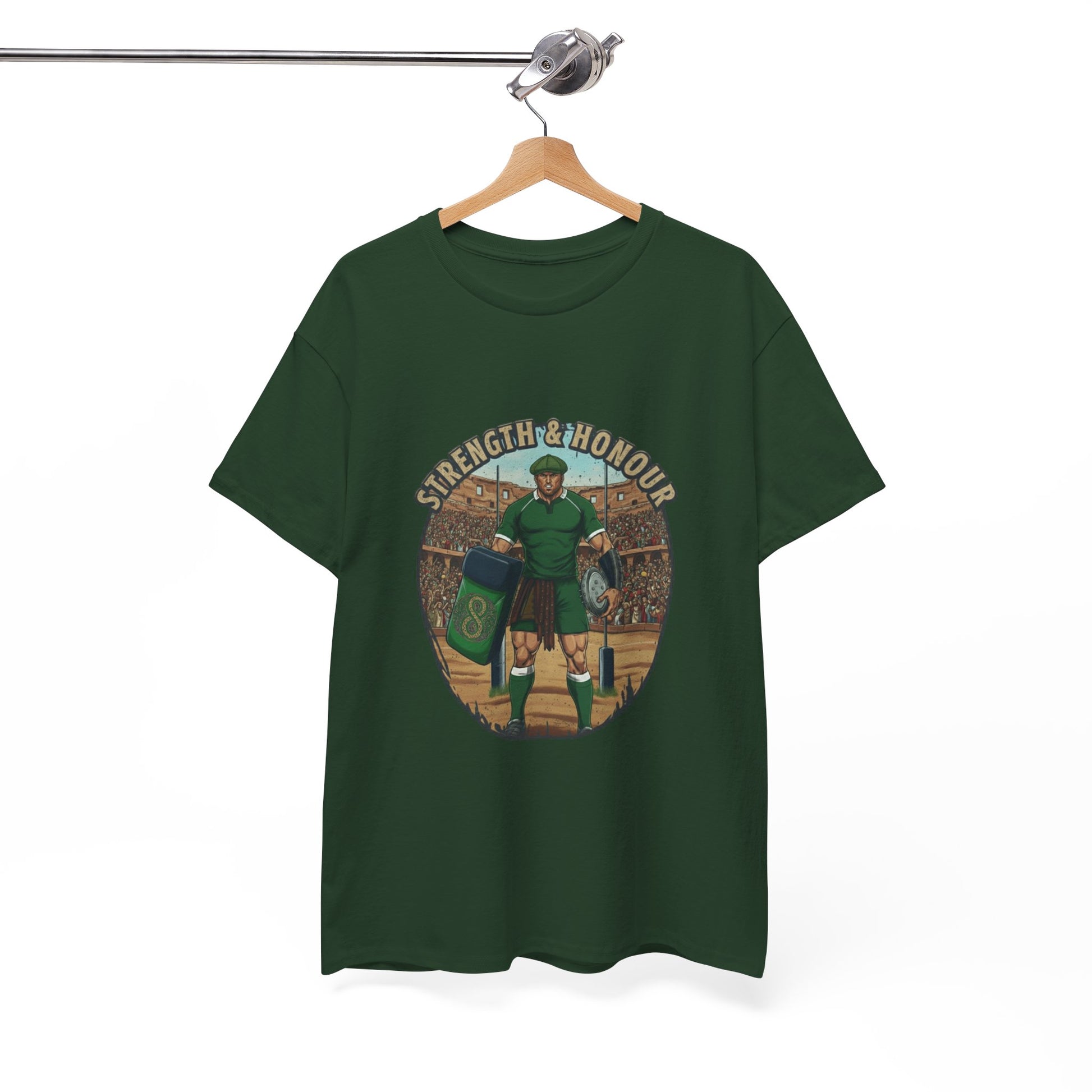 Green t-shirt with a graphic of a Irish rugby player with `Strength & Honour` text on a white background, on a hanger.