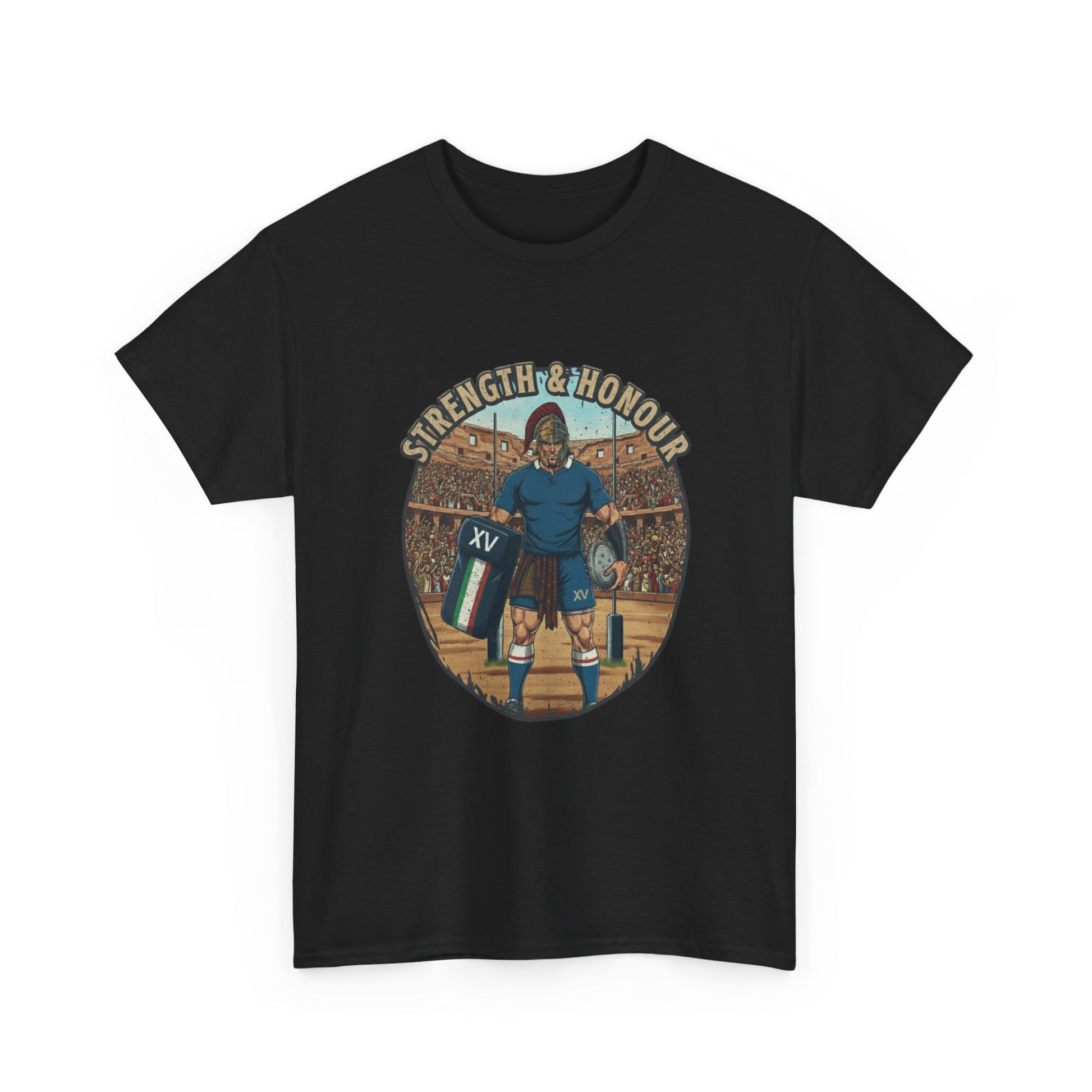 Black t-shirt with a graphic of an Italian rugby player with `Strength & Honour` text on a white background