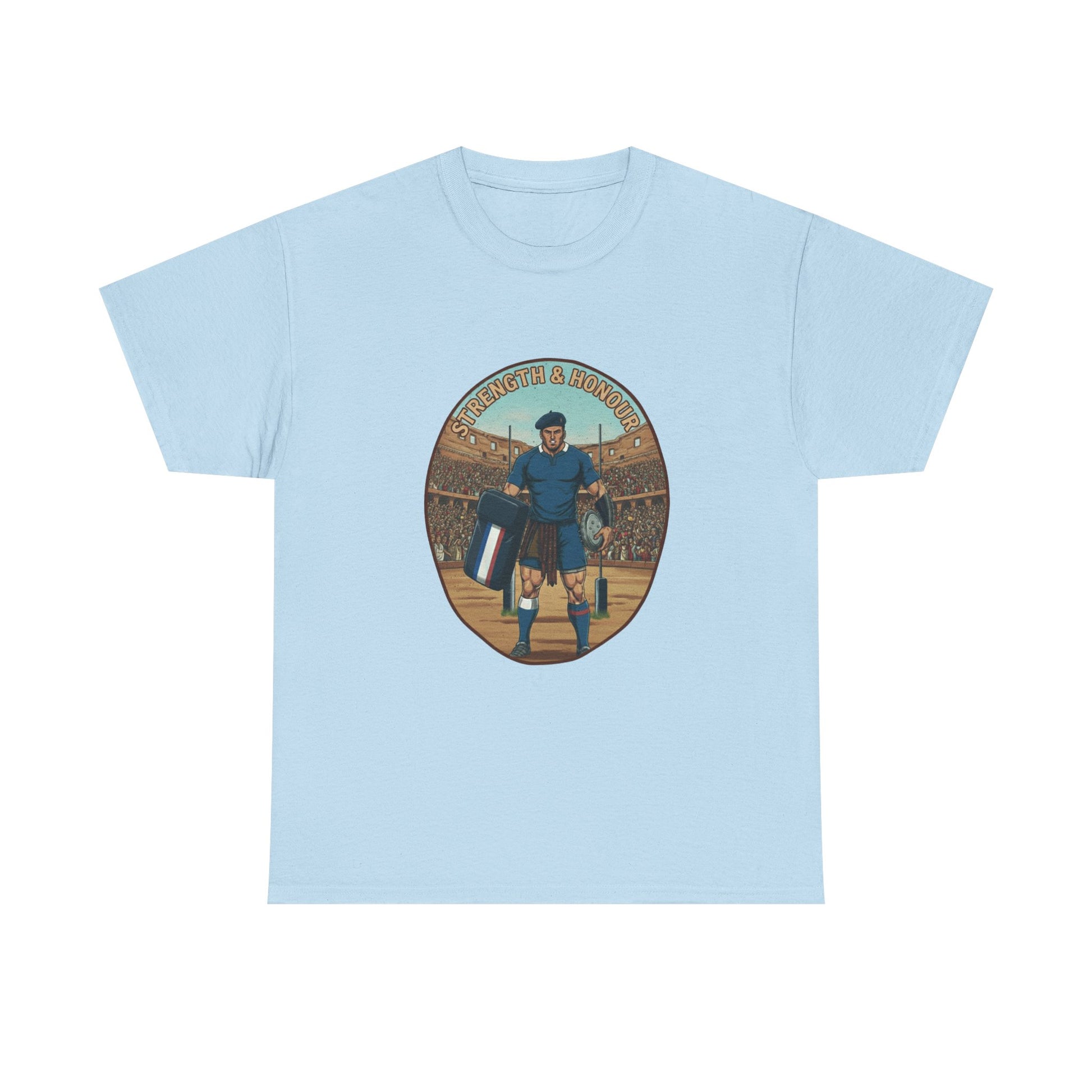 Light blue t-shirt with a graphic of a French Rugby player with `Strength & Honour` text on a white background