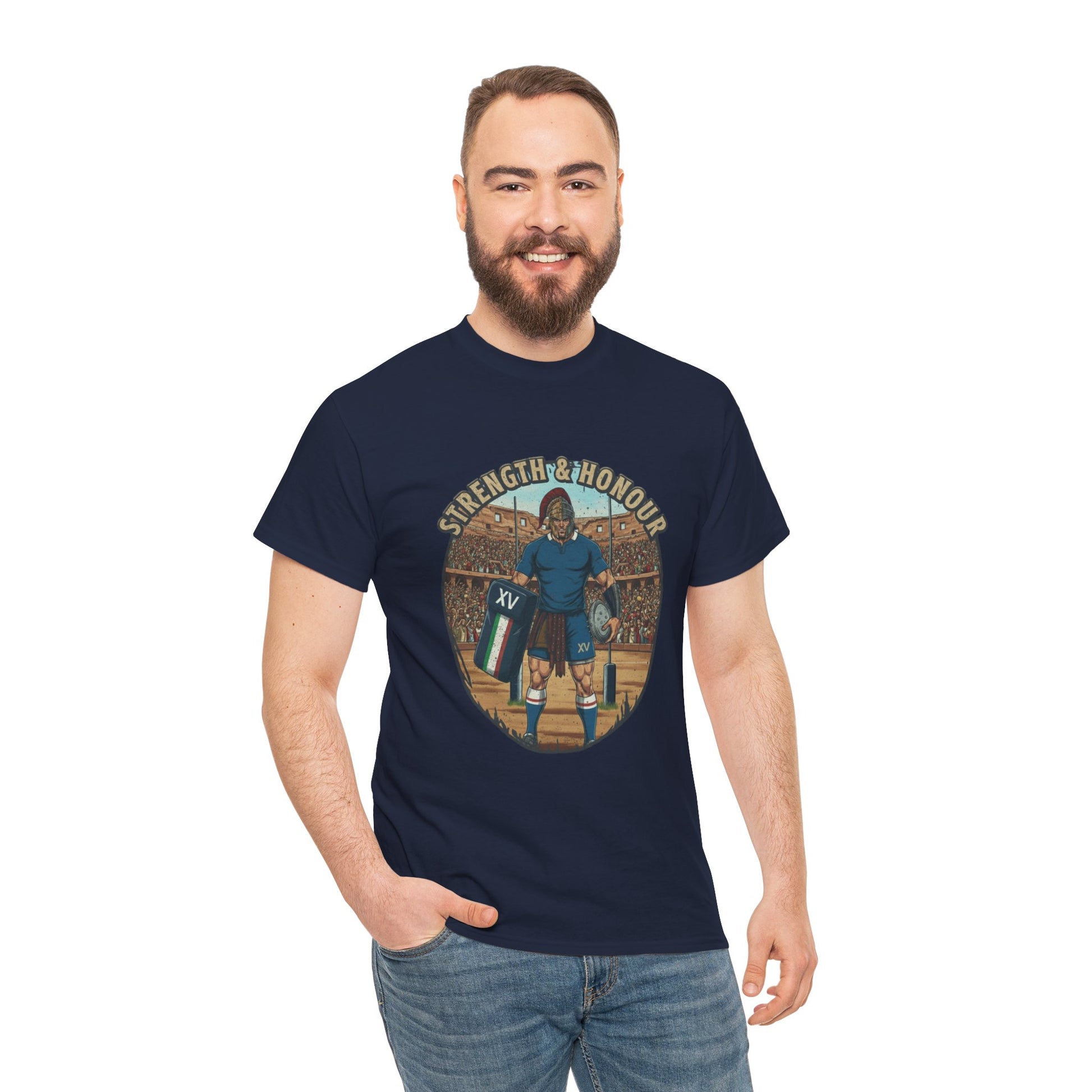 Man wearing Navy t-shirt with a graphic of an Italian rugby player with `Strength & Honour` text on a white background