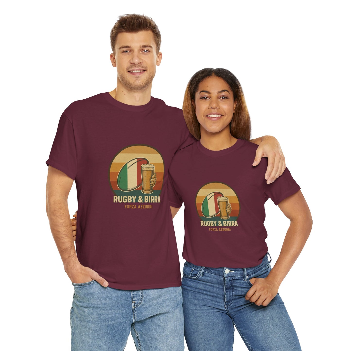 Couple wearing maroon vintage Italian Rugby & Beer T-Shirt with Forza Azzurri design, funny Italy Rugby supporter shirt.