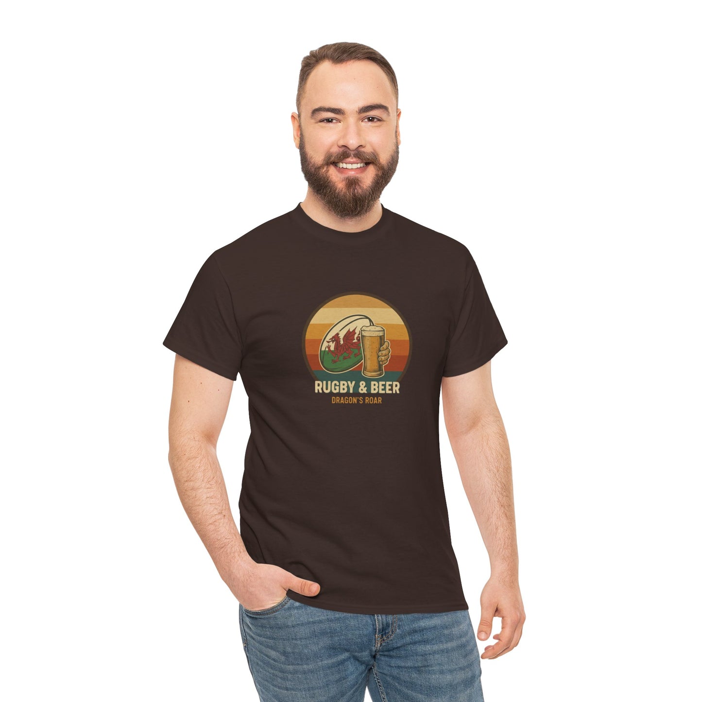Man wearing chocolate coloured vintage Welsh Rugby & Beer T-Shirt with Dragon's Roar design, funny Wales Rugby Top for supporters.