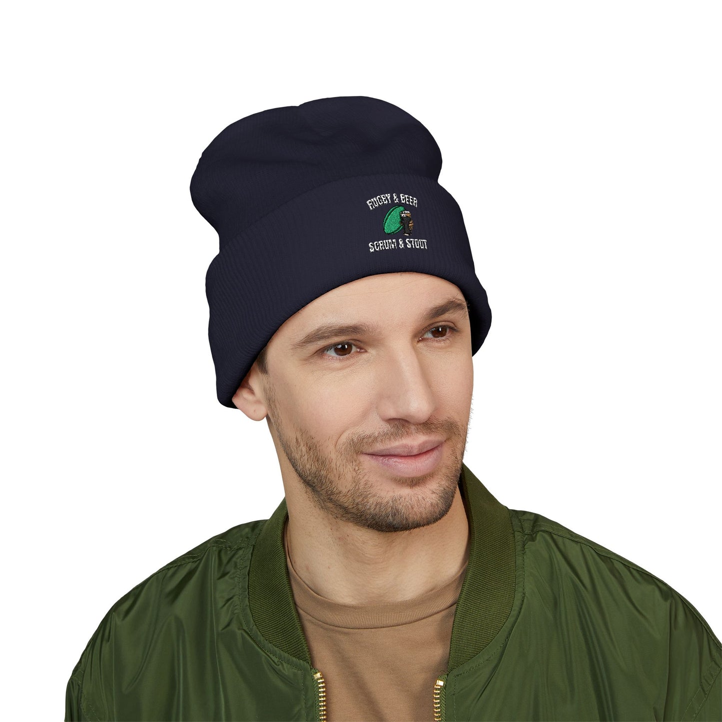 Scrum & Stout Navy Beanie | Irish Rugby Fan Knit Hat | Rugby & Beer Cuffed Beanie