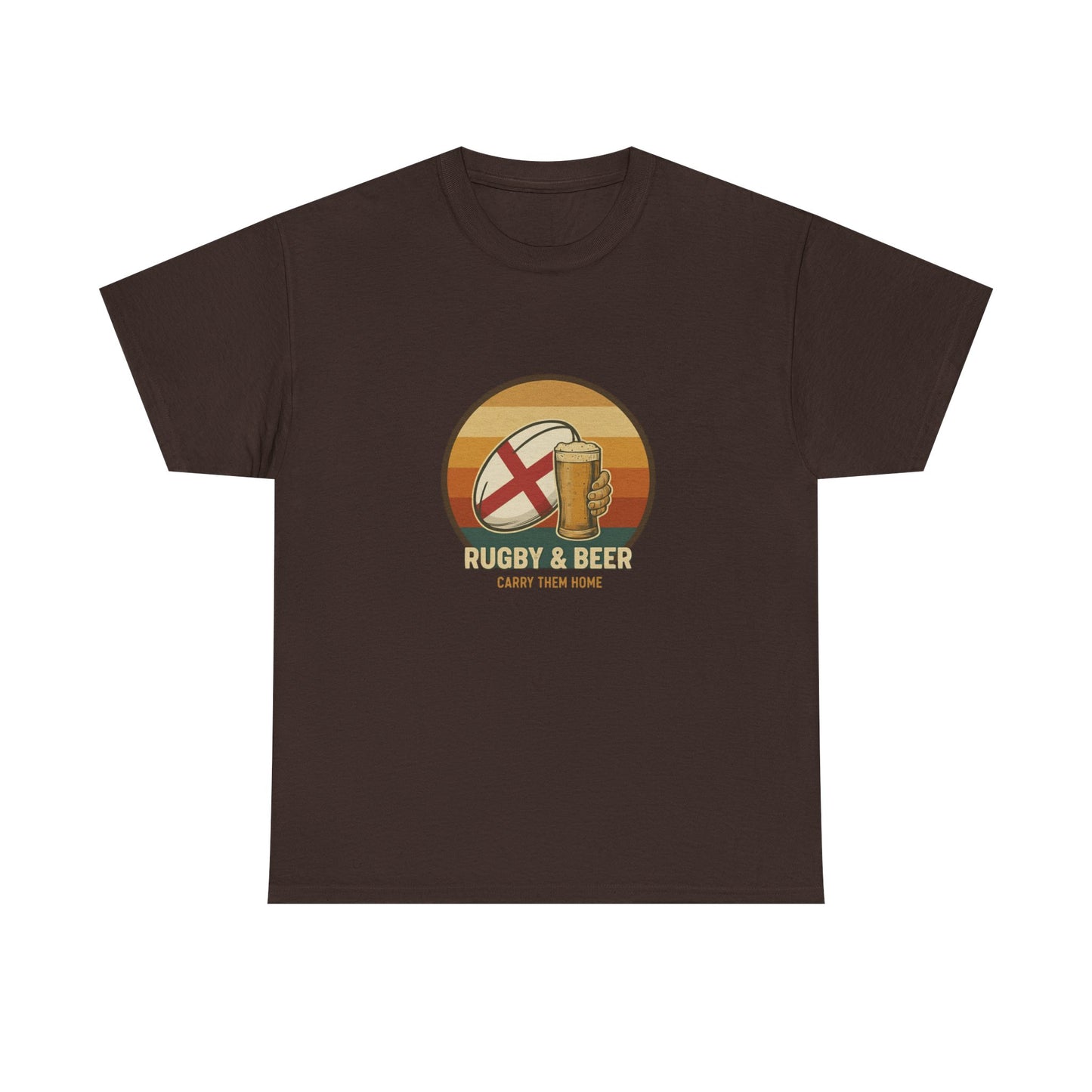 Chocolate vintage English Rugby & Beer T-Shirt with Carry Them Home design, laid flat.