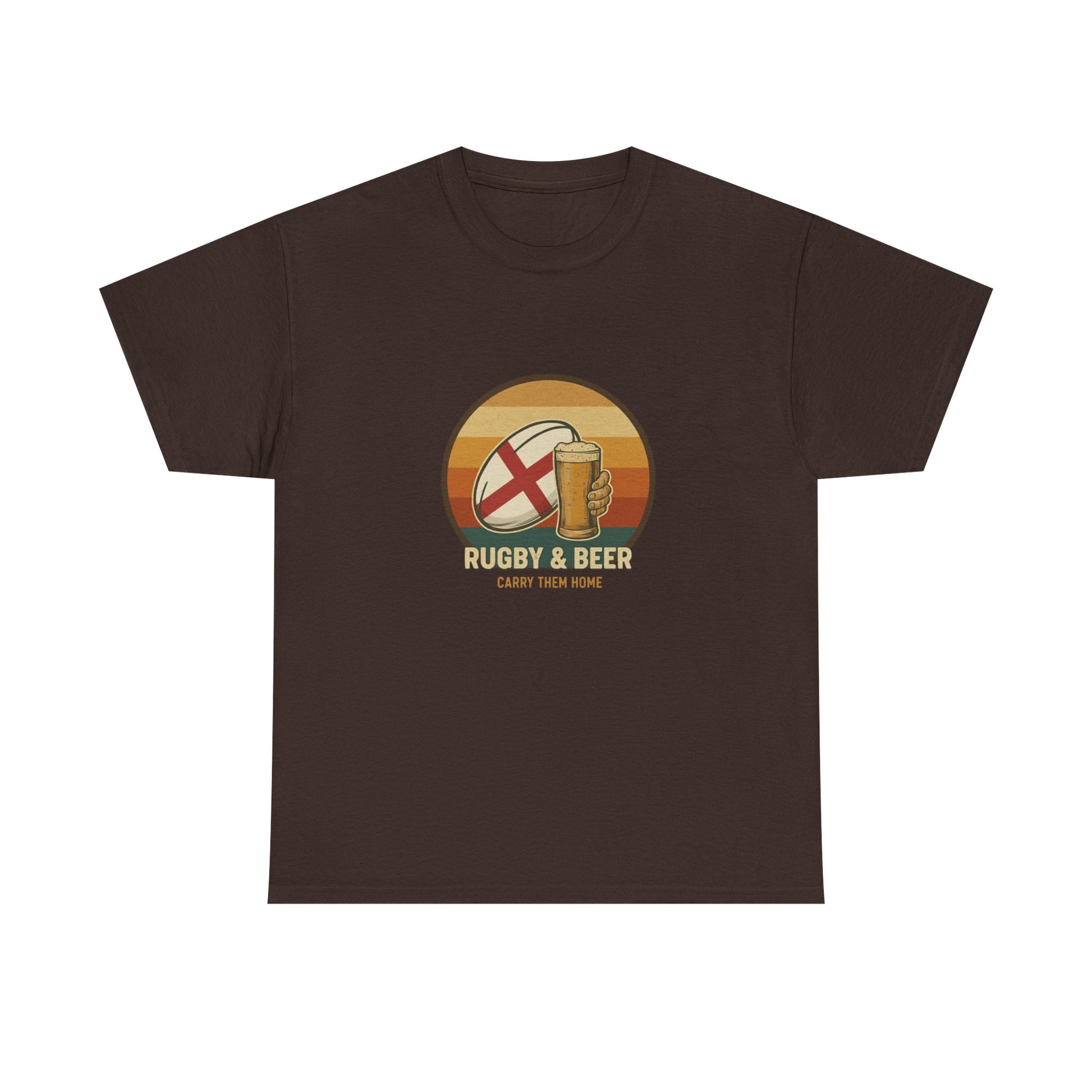 Chocolate vintage English Rugby & Beer T-Shirt with Carry Them Home design, laid flat.