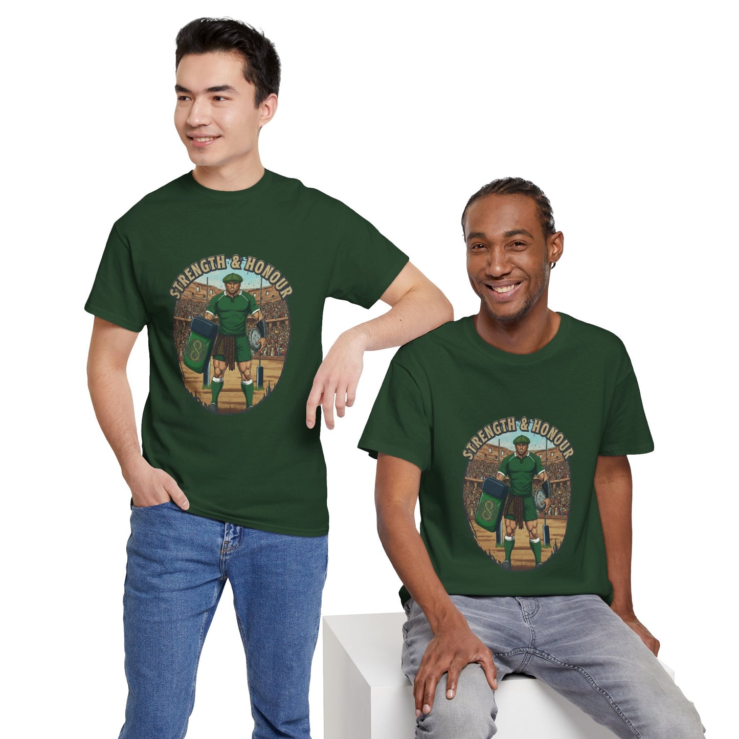 Two Men wearing Green t-shirt with a graphic of a Irish rugby player with `Strength & Honour` text on a white background
