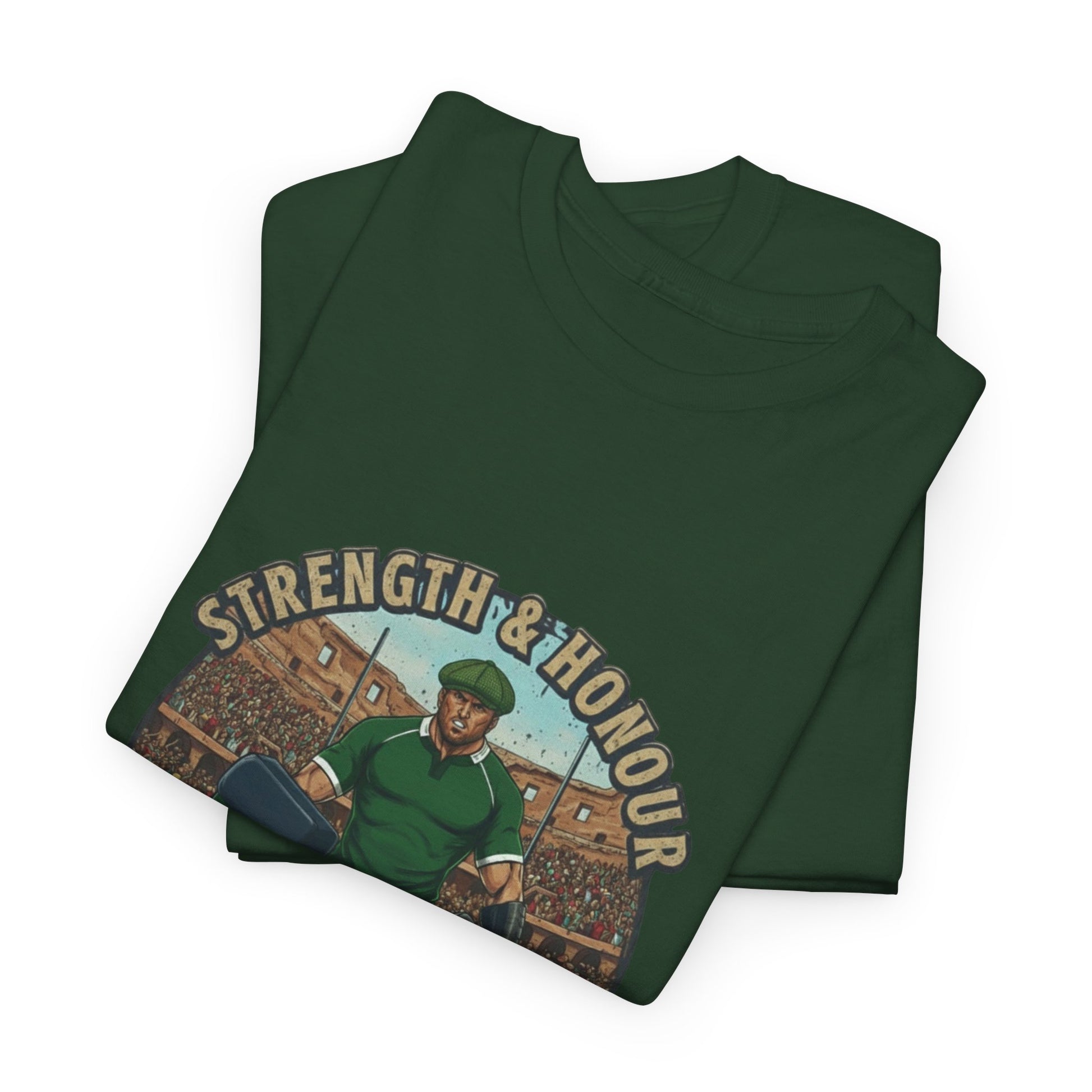 Folded Green t-shirt with a graphic of a Irish rugby player with `Strength & Honour` text on a white background