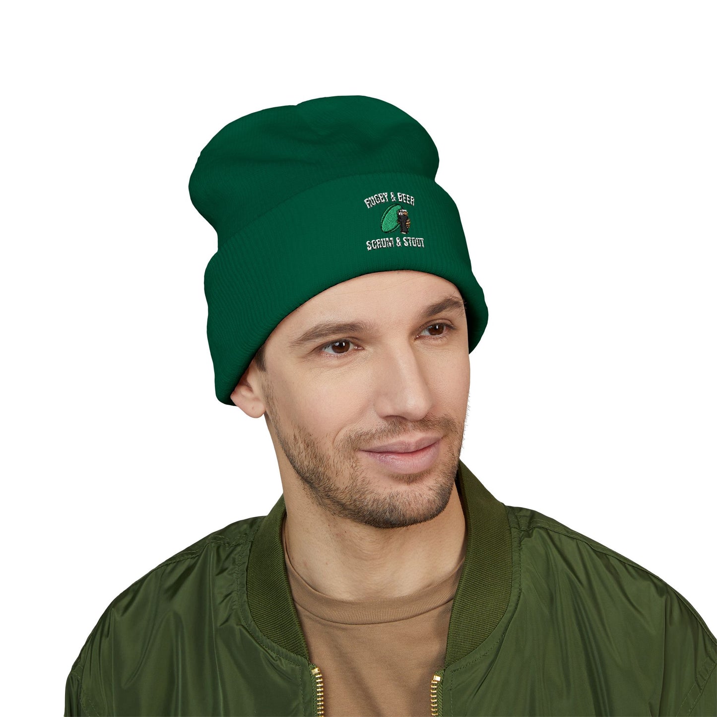 Scrum & Stout Navy Beanie | Irish Rugby Fan Knit Hat | Rugby & Beer Cuffed Beanie