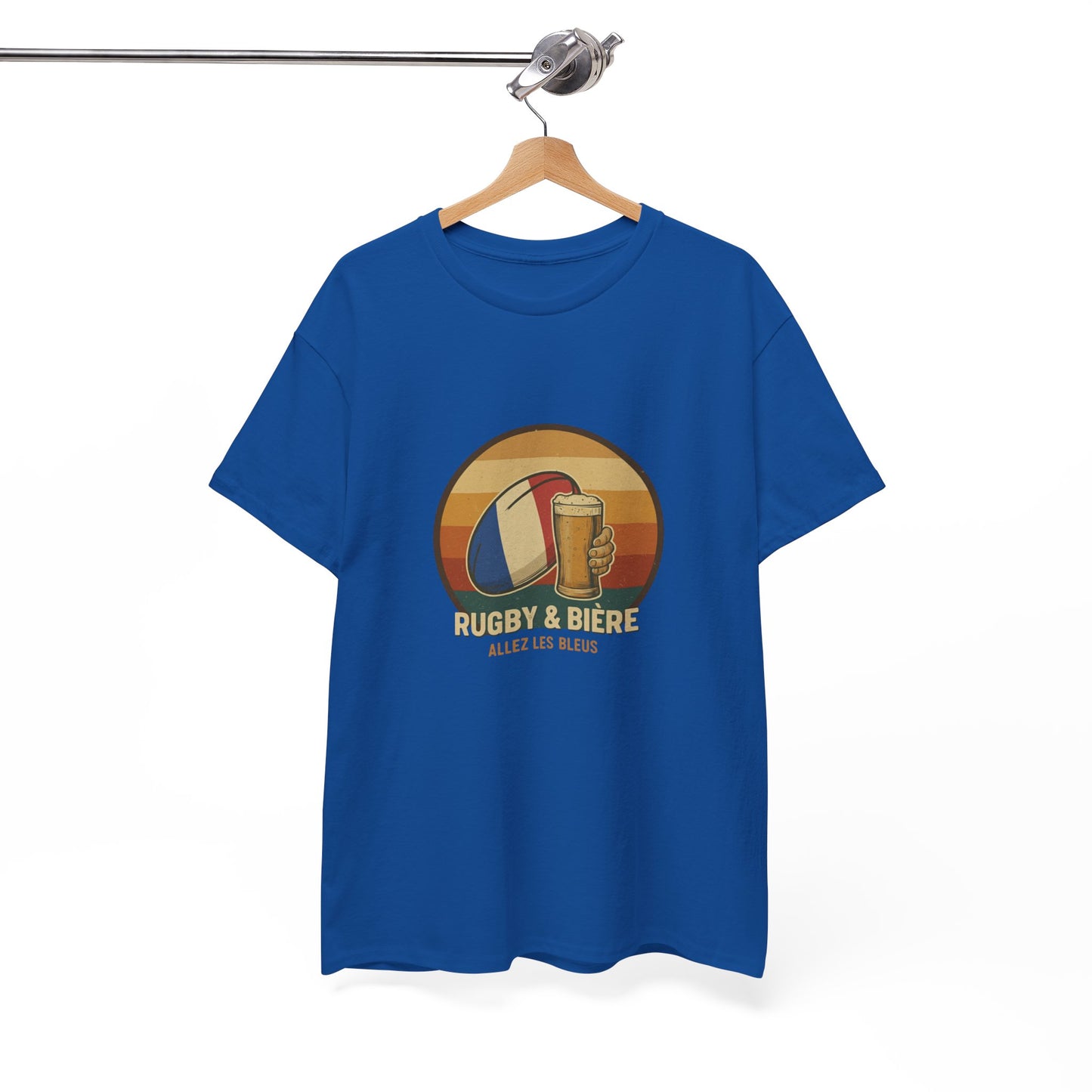 Vintage blue French Rugby & Beer Allez Les Bleus T-Shirt on a hanger