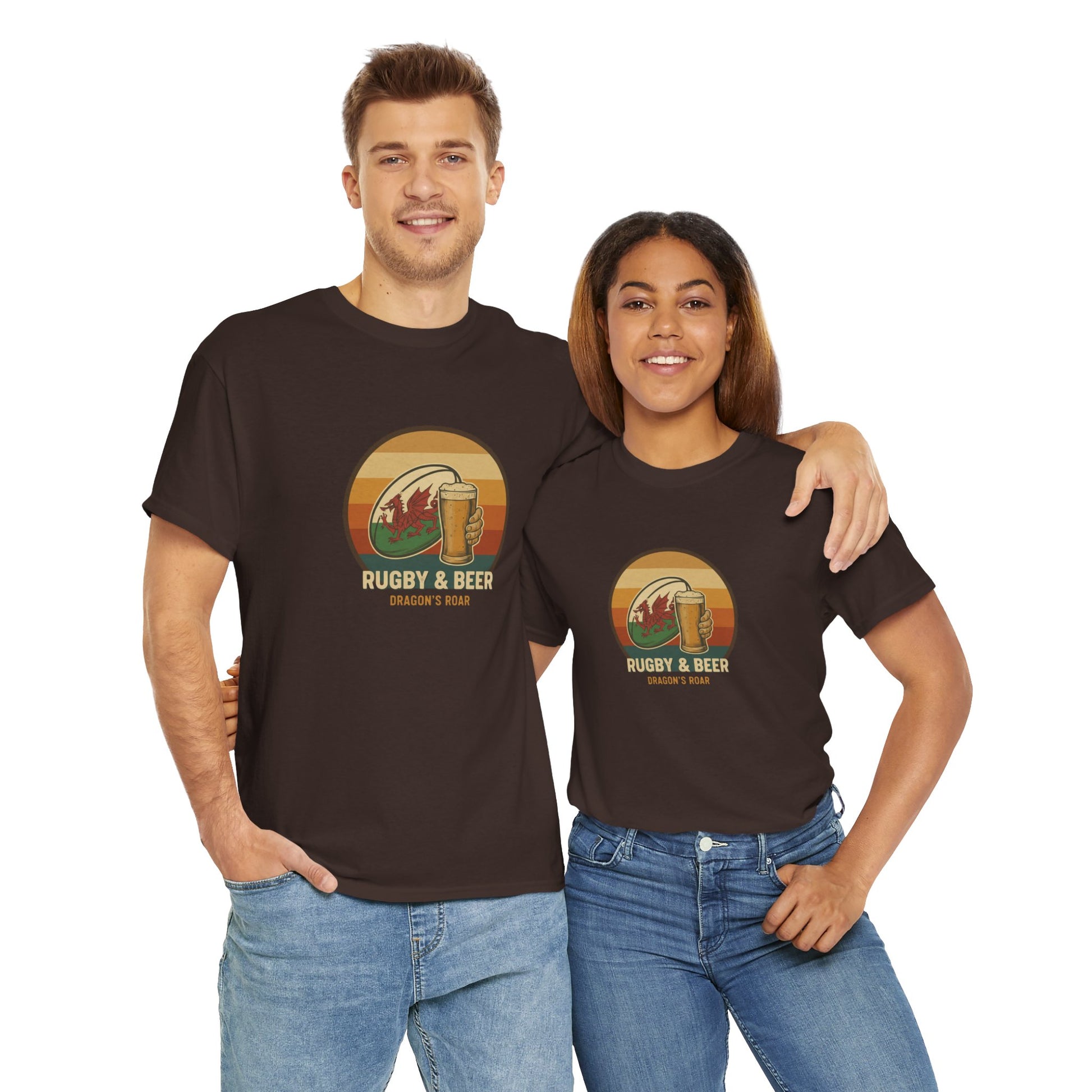 Couple wearing chocolate vintage Welsh Rugby & Beer T-Shirt with Dragon's Roar design, funny Wales Rugby Top for supporters.