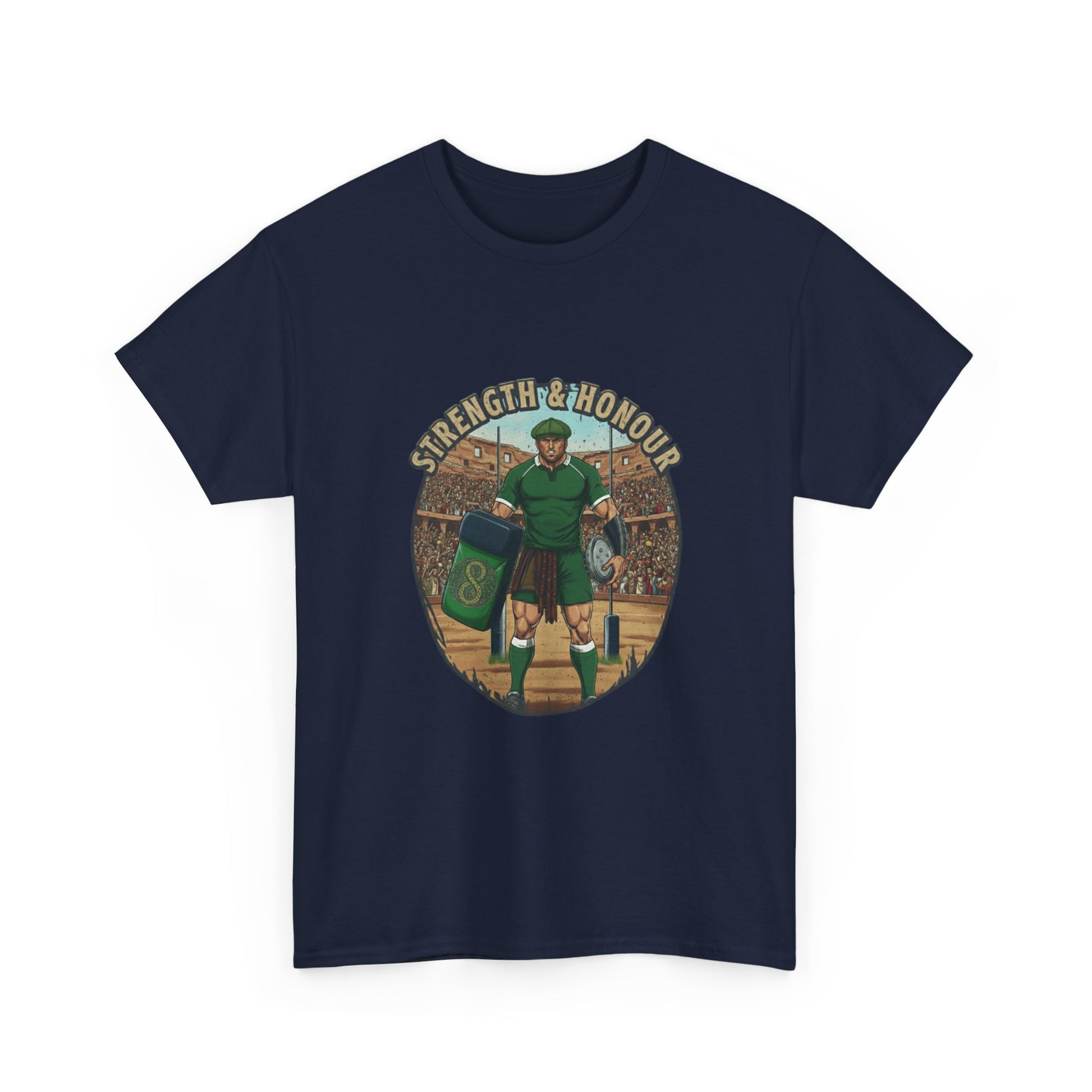 Navy t-shirt with a graphic of a Irish rugby player with `Strength & Honour` text on a white background