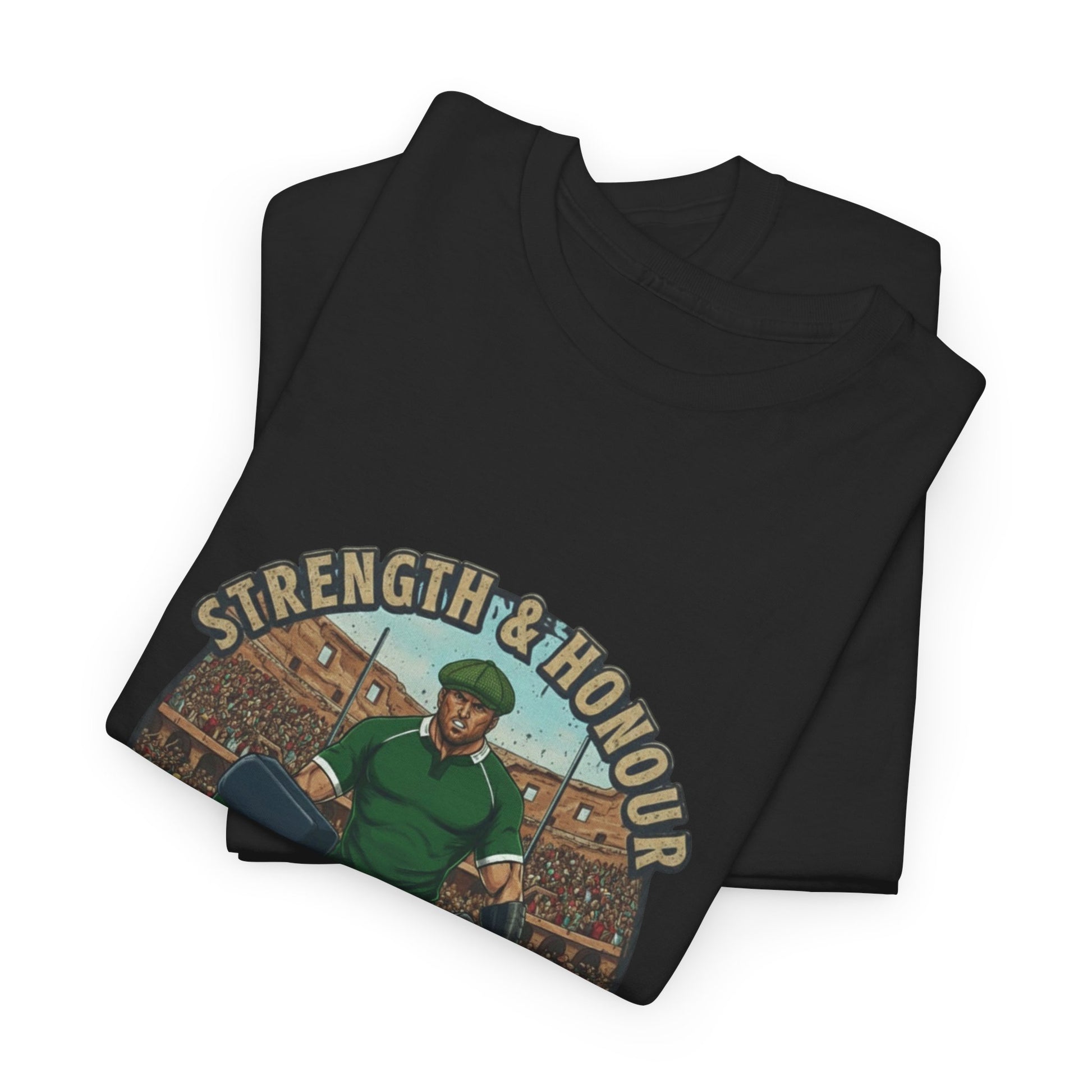Folded Black t-shirt with a graphic of a Irish rugby player with `Strength & Honour` text on a white background