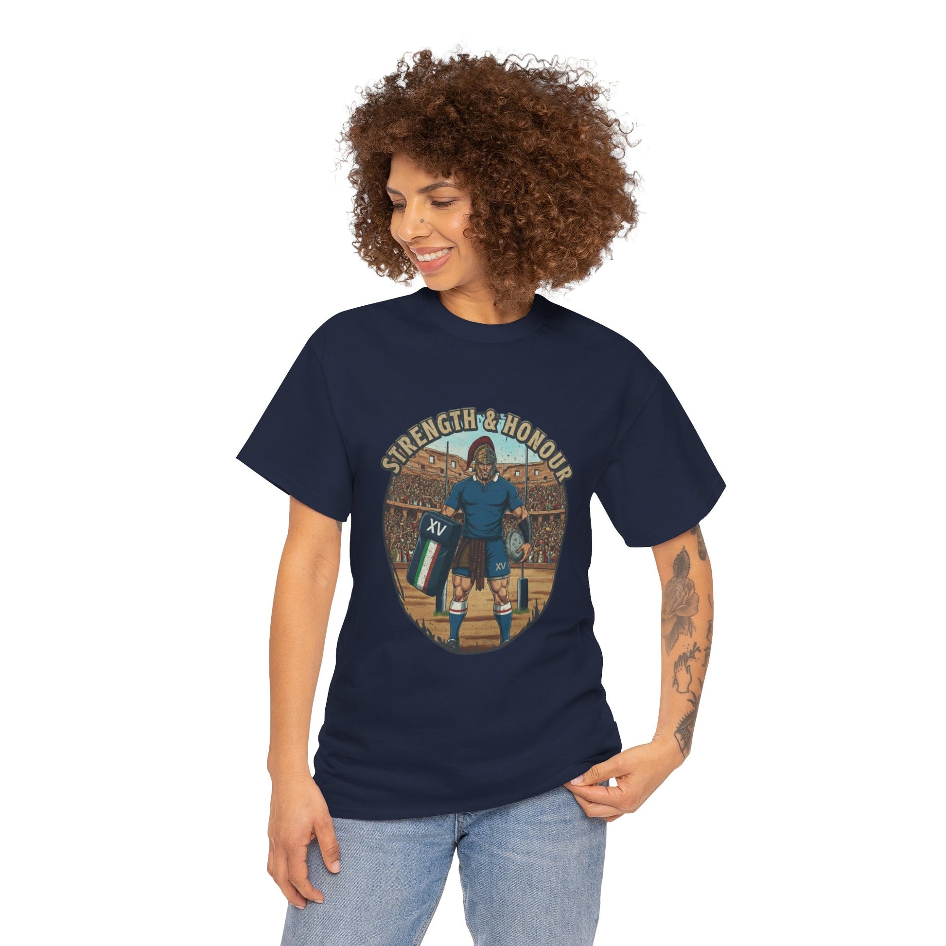 Woman wearing Navy t-shirt with a graphic of an Italian rugby player with `Strength & Honour` text on a white background
