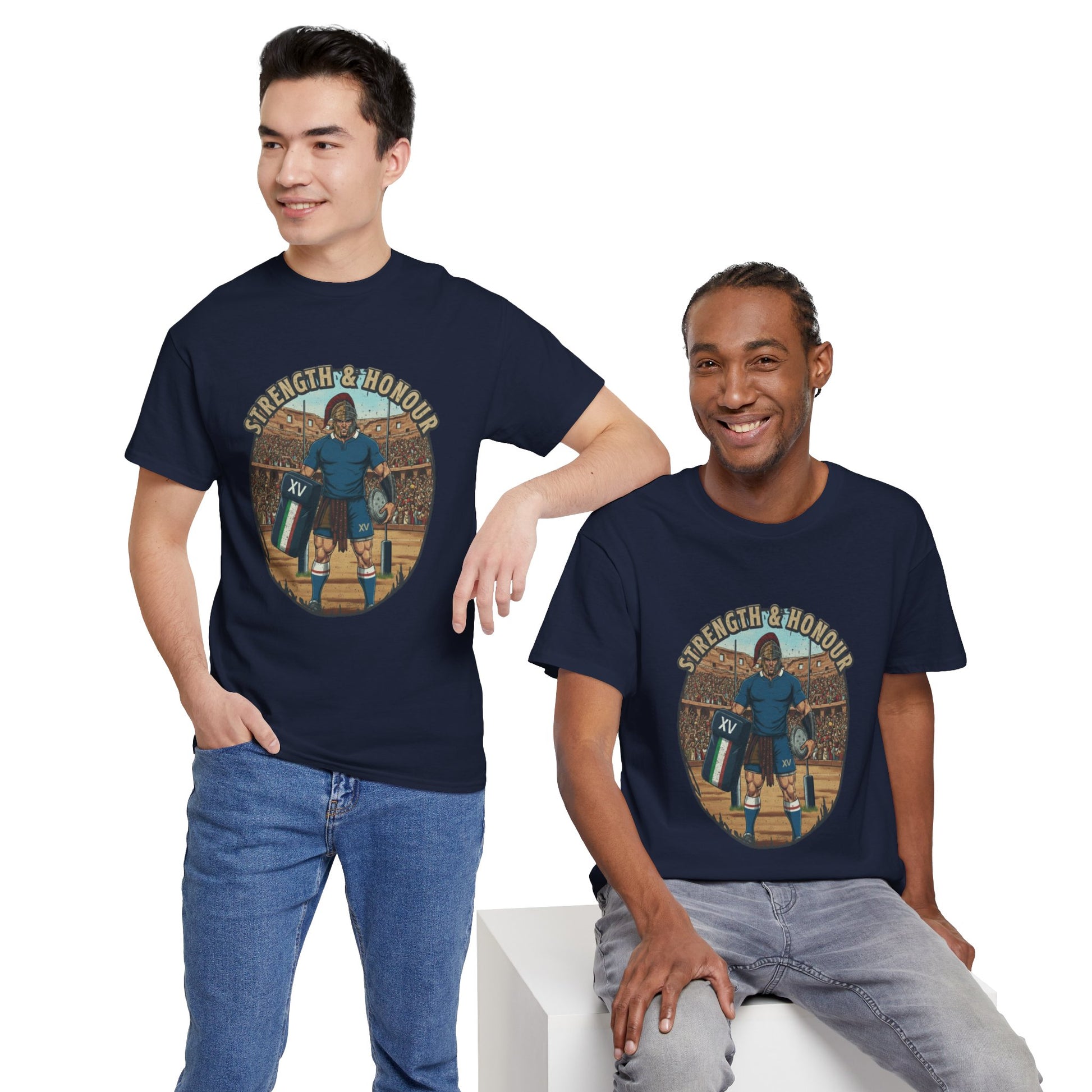 2 Men wearing Navy t-shirt with a graphic of an Italian rugby player with `Strength & Honour` text on a white background