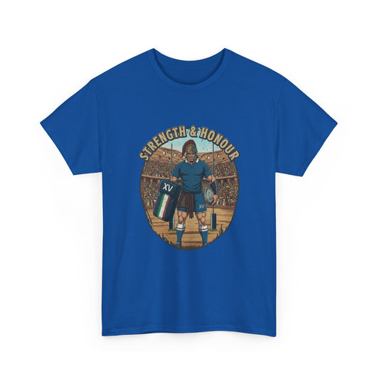 Blue t-shirt with a graphic of an Italian rugby player with `Strength & Honour` text on a white background
