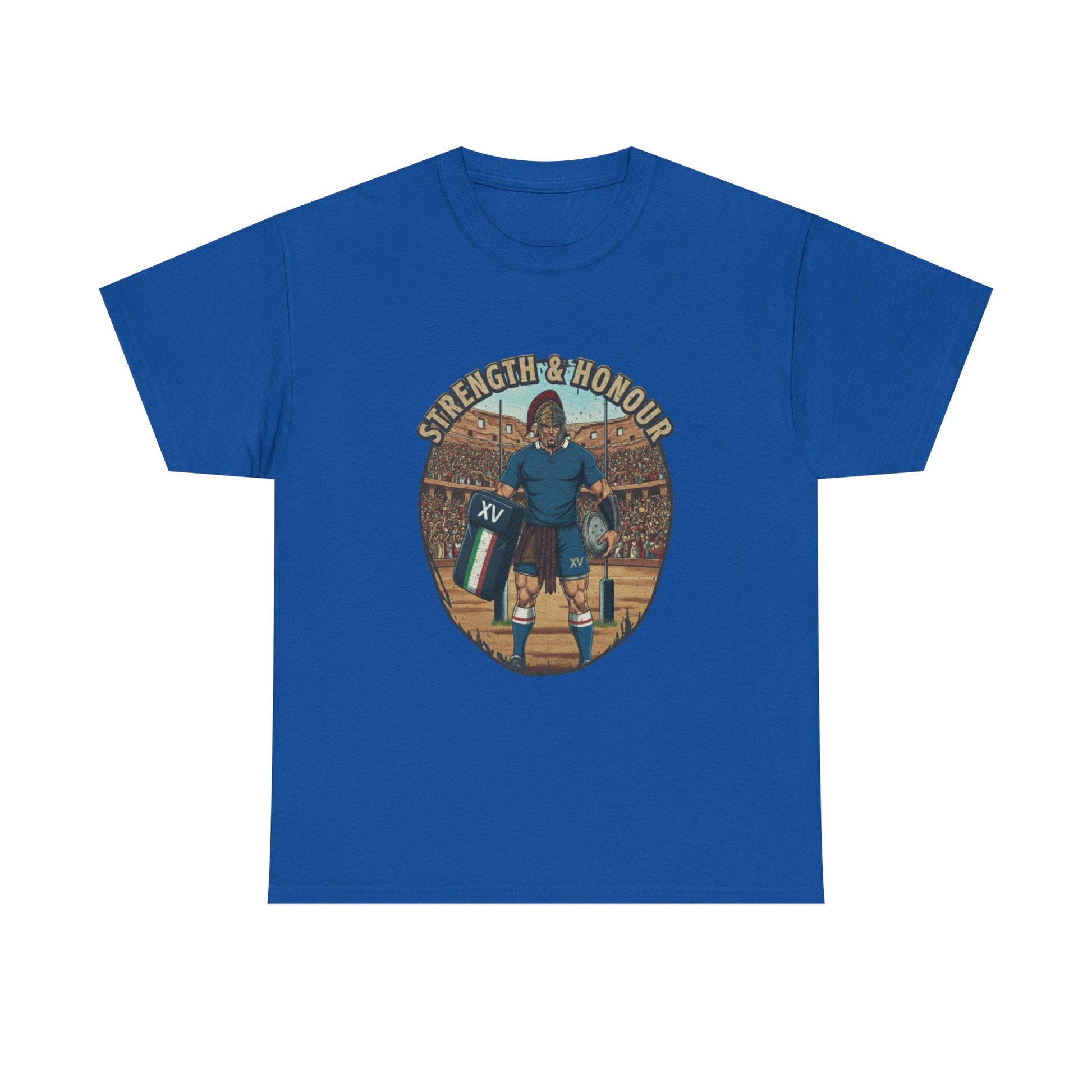 Blue t-shirt with a graphic of an Italian rugby player with `Strength & Honour` text on a white background
