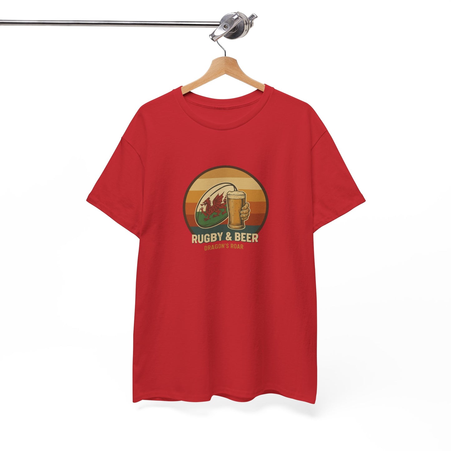Red vintage Welsh Rugby & Beer T-Shirt with Dragon's Roar design, on a hanger.