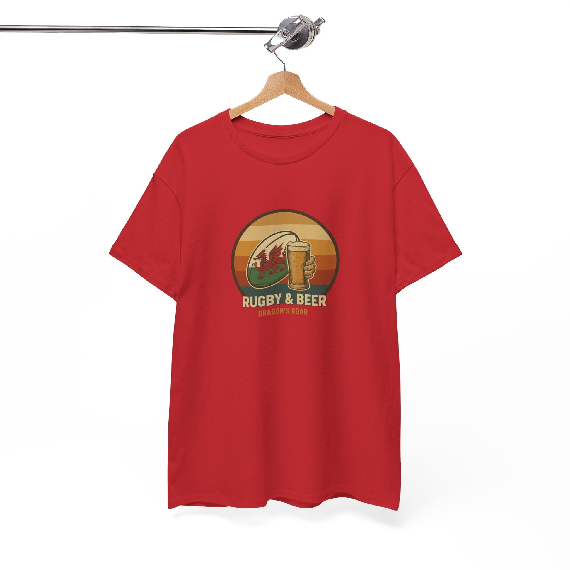 Red vintage Welsh Rugby & Beer T-Shirt with Dragon's Roar design, on a hanger.