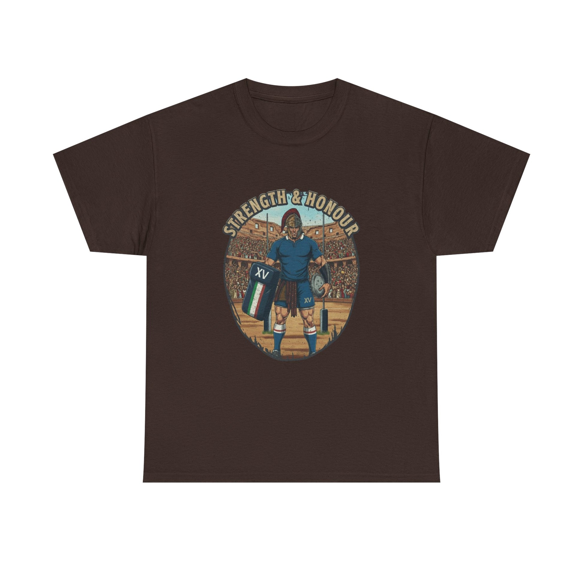 Brown t-shirt with a graphic of an Italian rugby player with `Strength & Honour` text on a white background