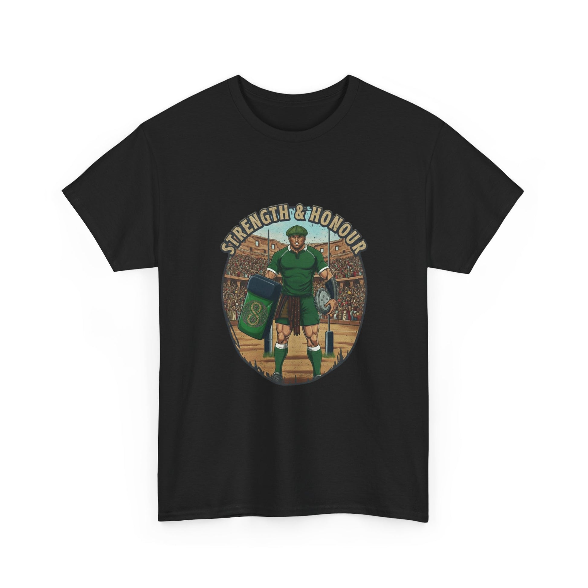 Black t-shirt with a graphic of a Irish rugby player with `Strength & Honour` text on a white background