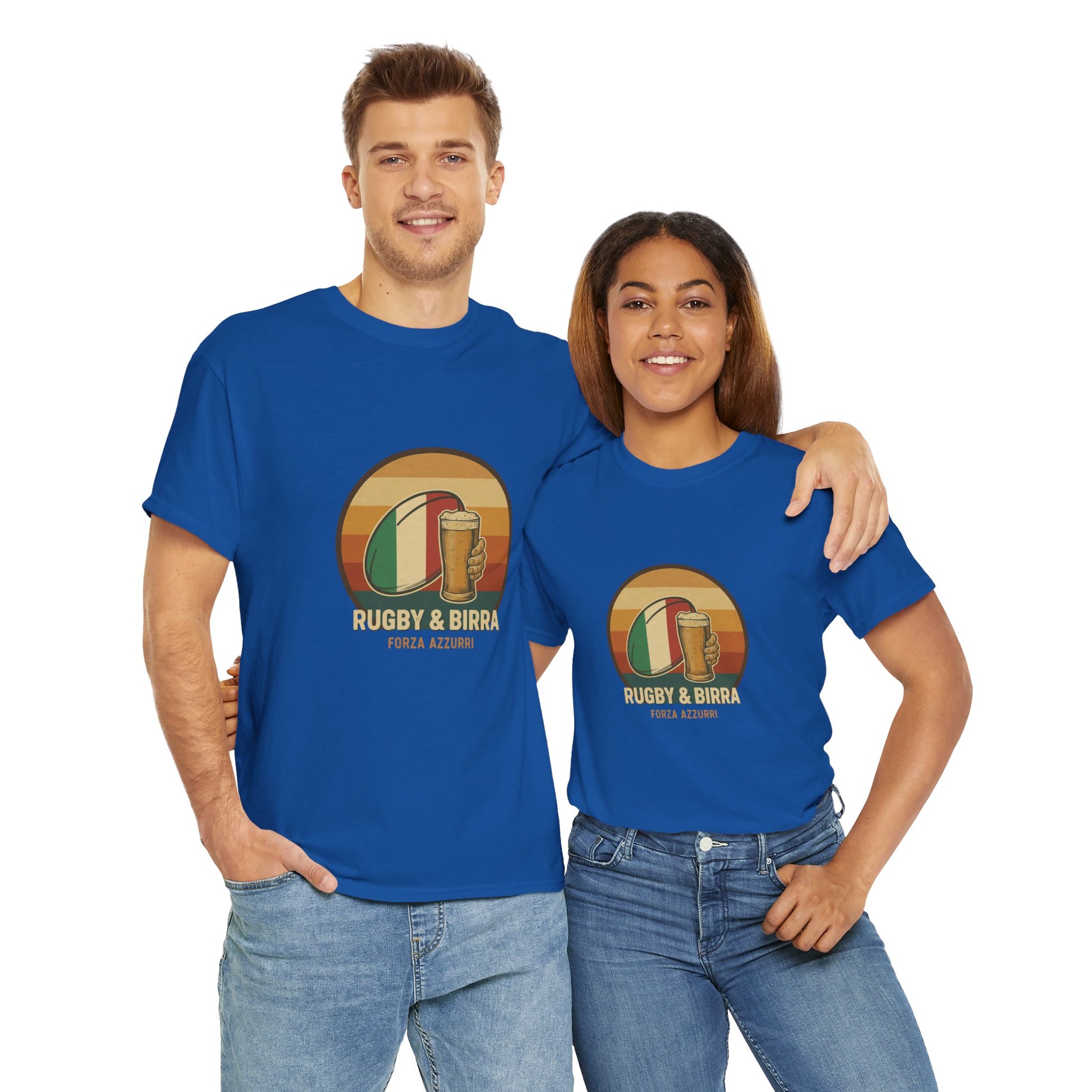 Couple wearing blue vintage Italian Rugby & Beer T-Shirt with Forza Azzurri design, funny Italy Rugby supporter shirt.