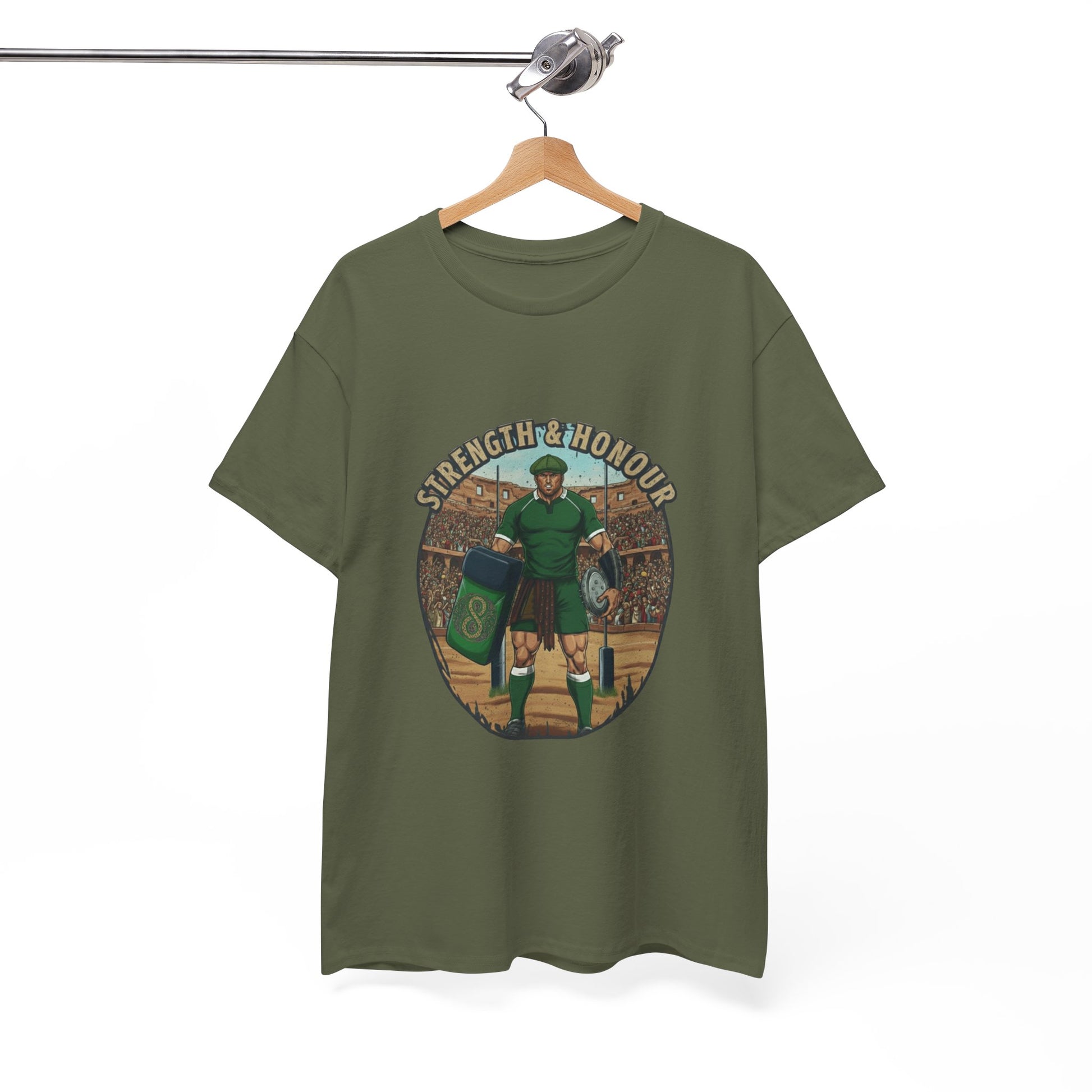 Army green t-shirt with a graphic of a Irish rugby player with `Strength & Honour` text on a white background, on a hanger.