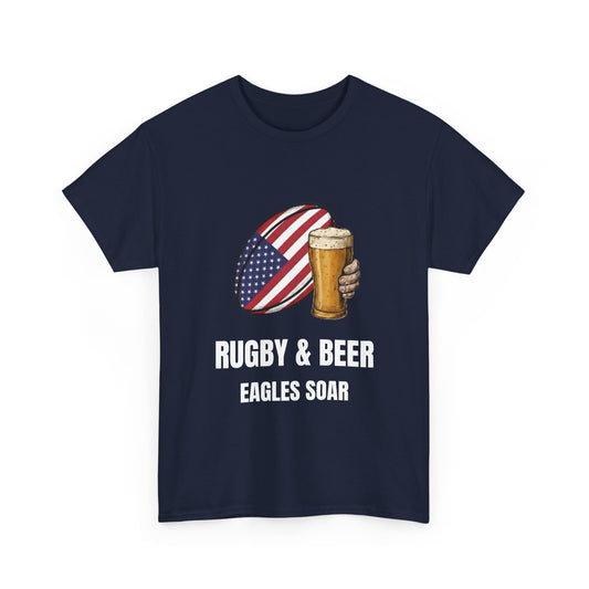 Navy blue Eagles Soar t-shirt with rugby and beer graphic and text on a white background