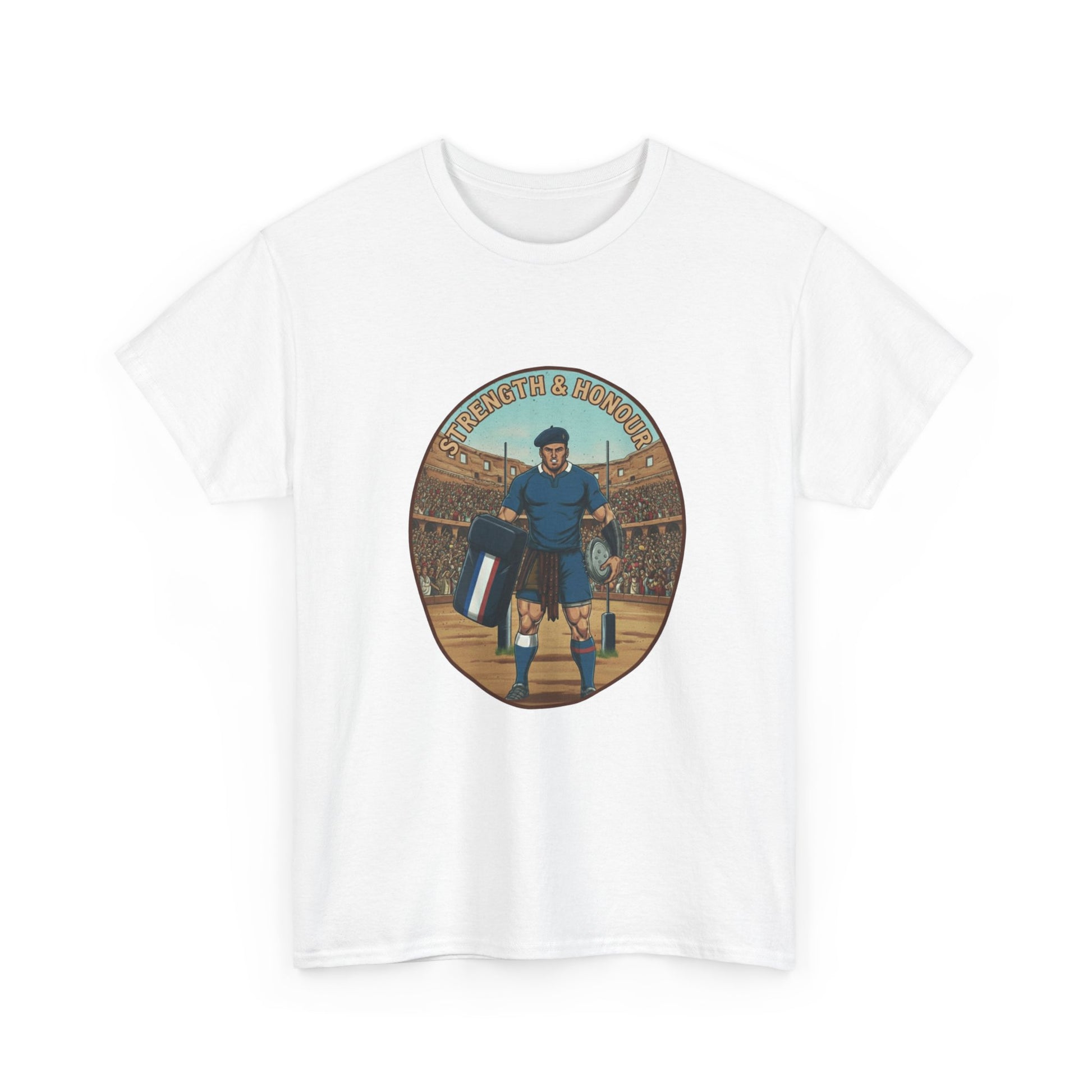 White t-shirt with a graphic of a French rugby player, with 'Strength & Honour' text, on a white background.