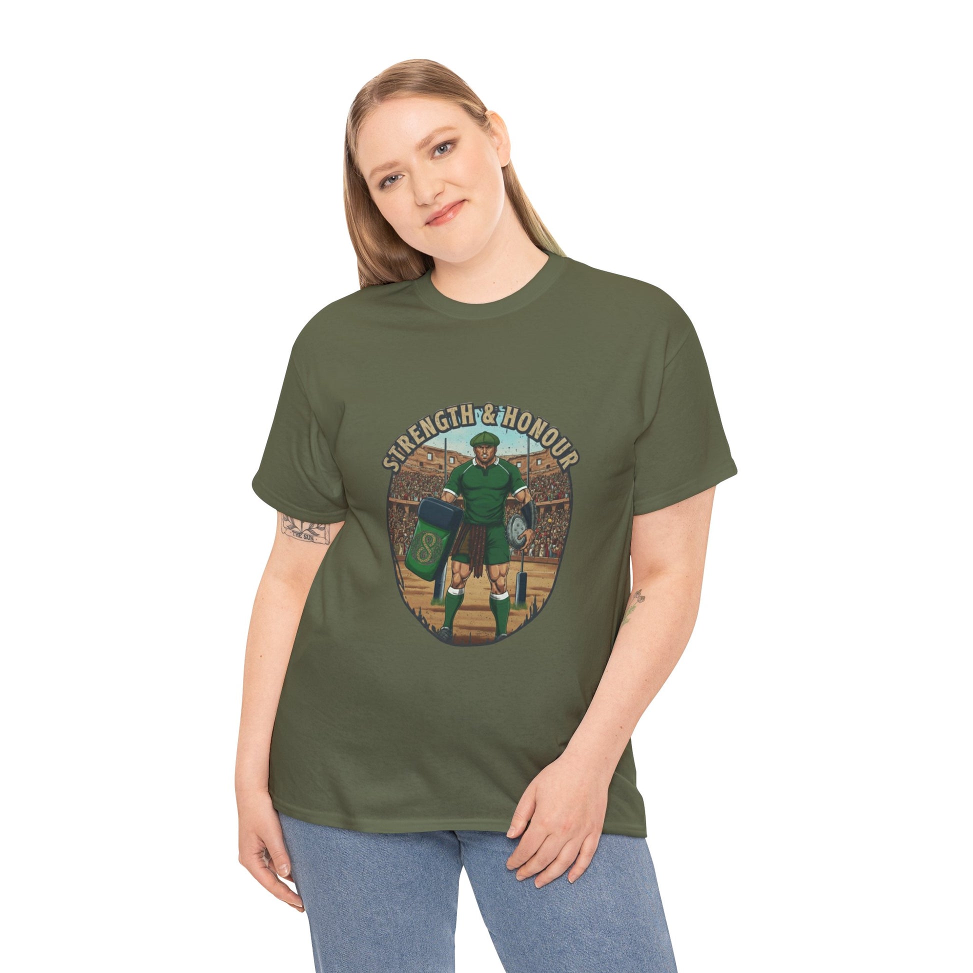 Woman wearing Army green t-shirt with a graphic of a Irish rugby player with `Strength & Honour` text on a white background