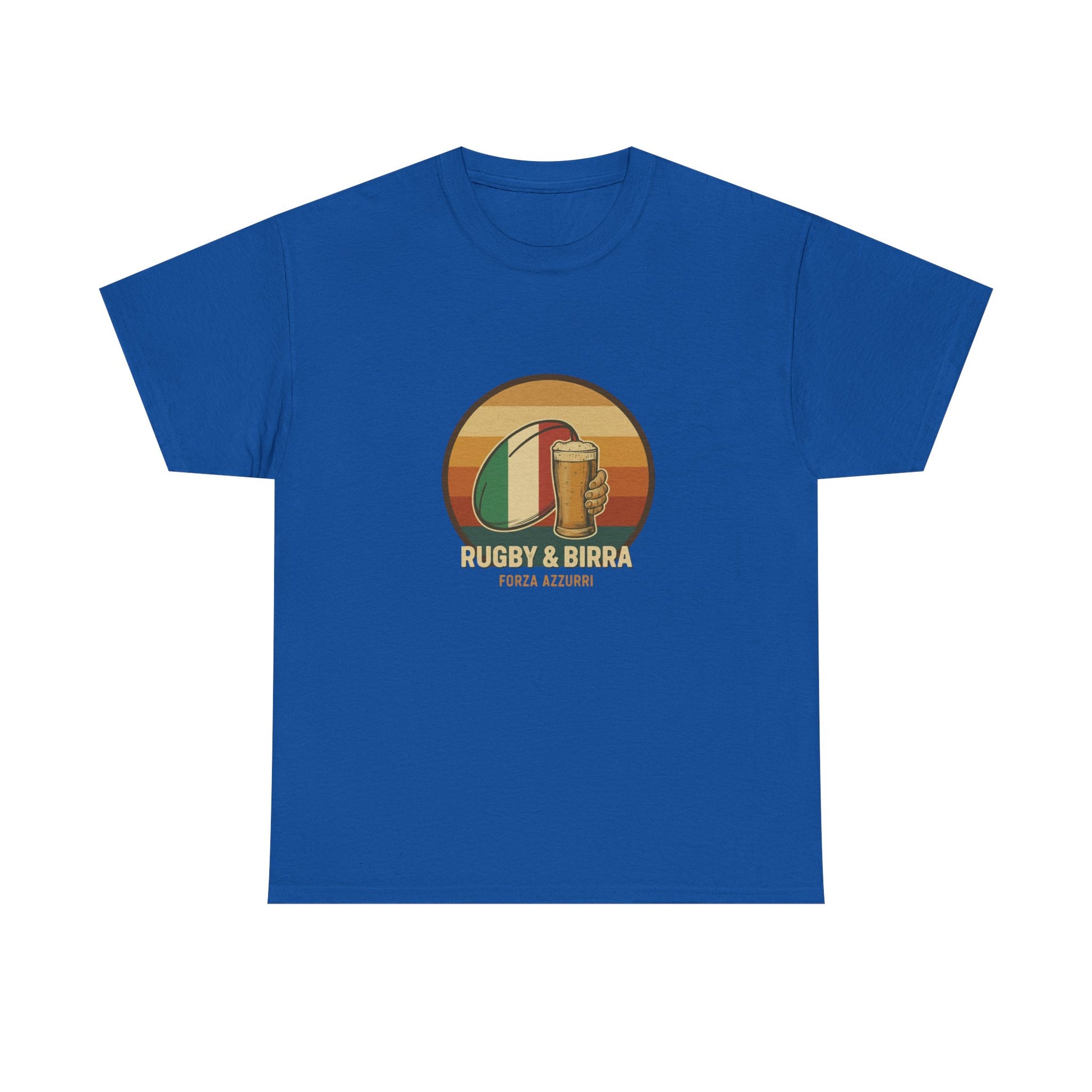 Vintage blue Italian Rugby & Beer Forza Azzuri T-Shirt, funny Italian Rugby Tee for supporters, laid flat.