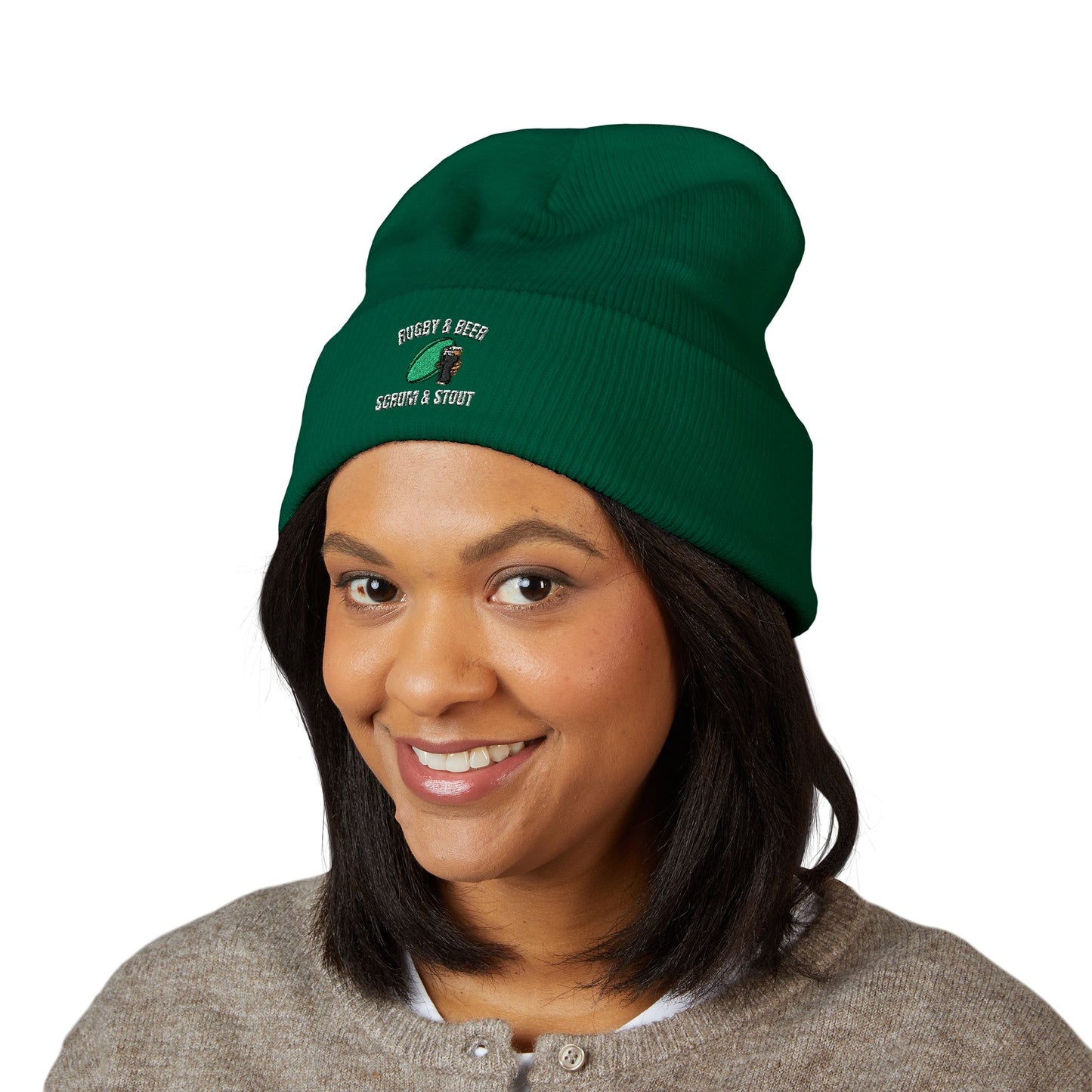 Scrum & Stout Navy Beanie | Irish Rugby Fan Knit Hat | Rugby & Beer Cuffed Beanie