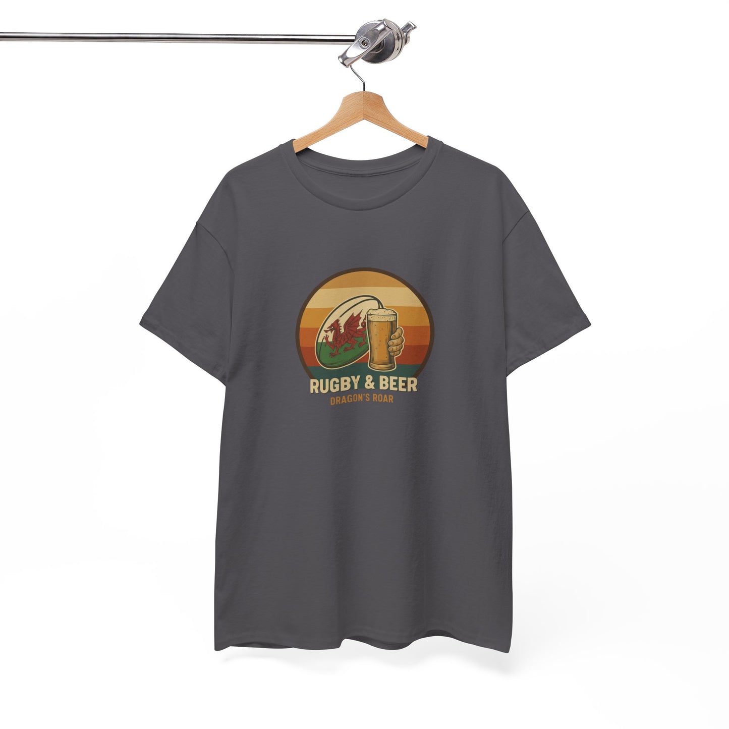 Charcoal vintage Welsh Rugby & Beer T-Shirt with Dragon's Roar design, on a hanger.