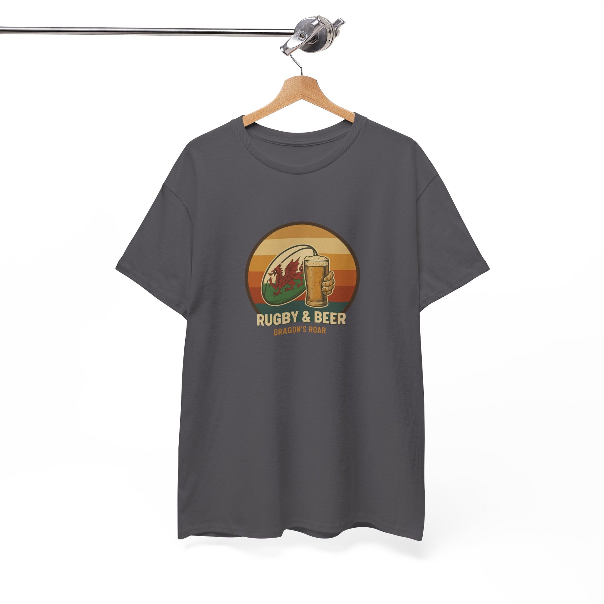 Charcoal vintage Welsh Rugby & Beer T-Shirt with Dragon's Roar design, on a hanger.