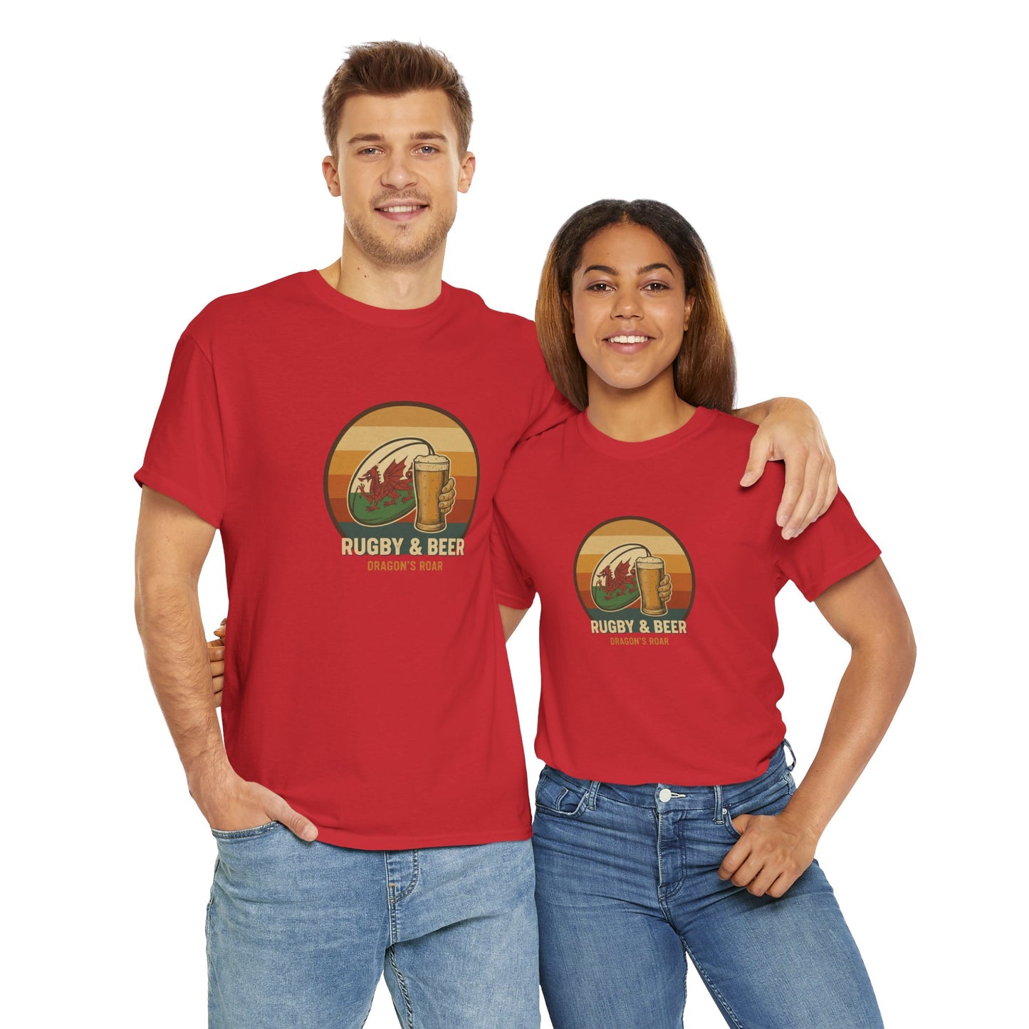 Couple wearing red vintage Welsh Rugby & Beer T-Shirt with Dragon's Roar design, funny Wales Rugby Top for supporters.