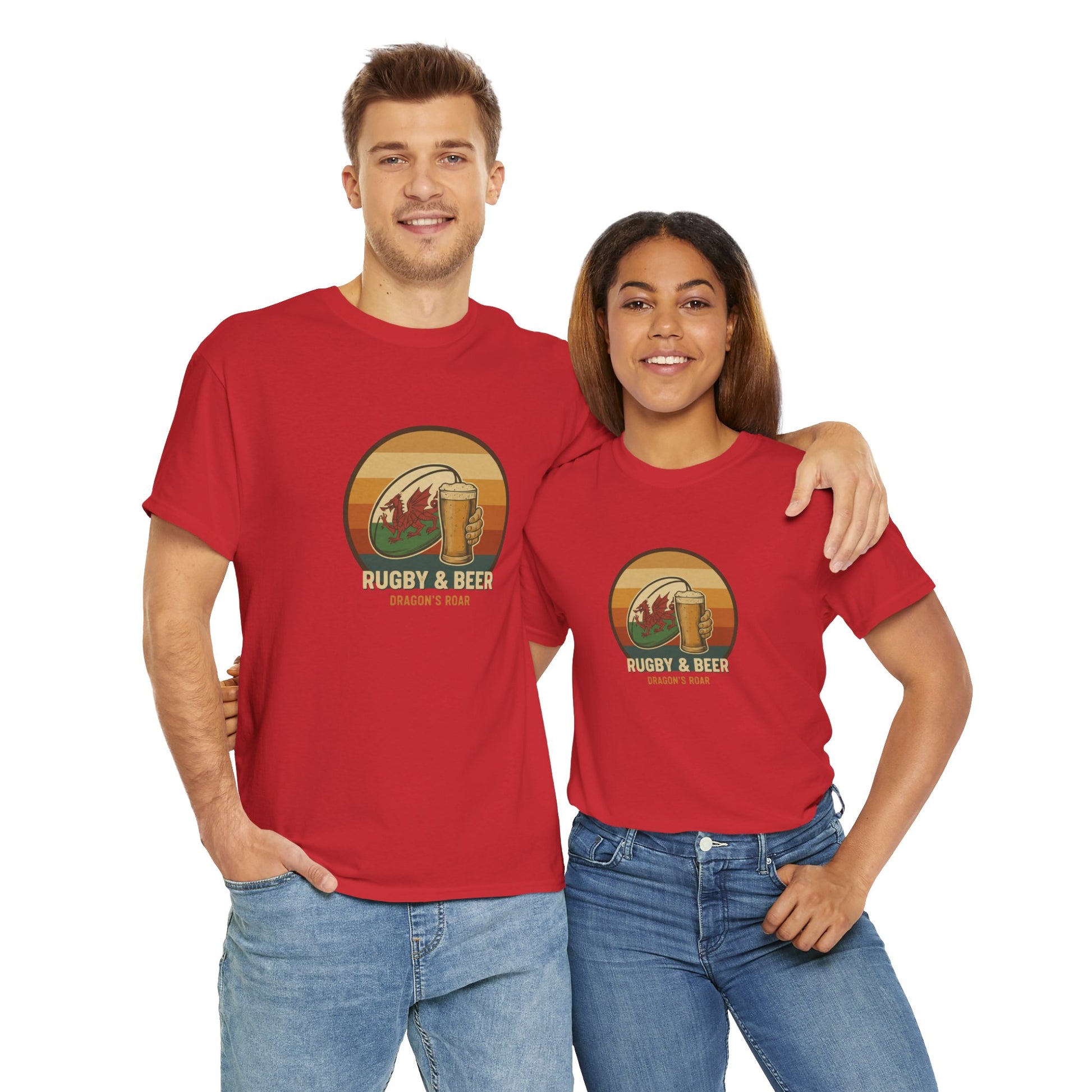 Couple wearing red vintage Welsh Rugby & Beer T-Shirt with Dragon's Roar design, funny Wales Rugby Top for supporters.