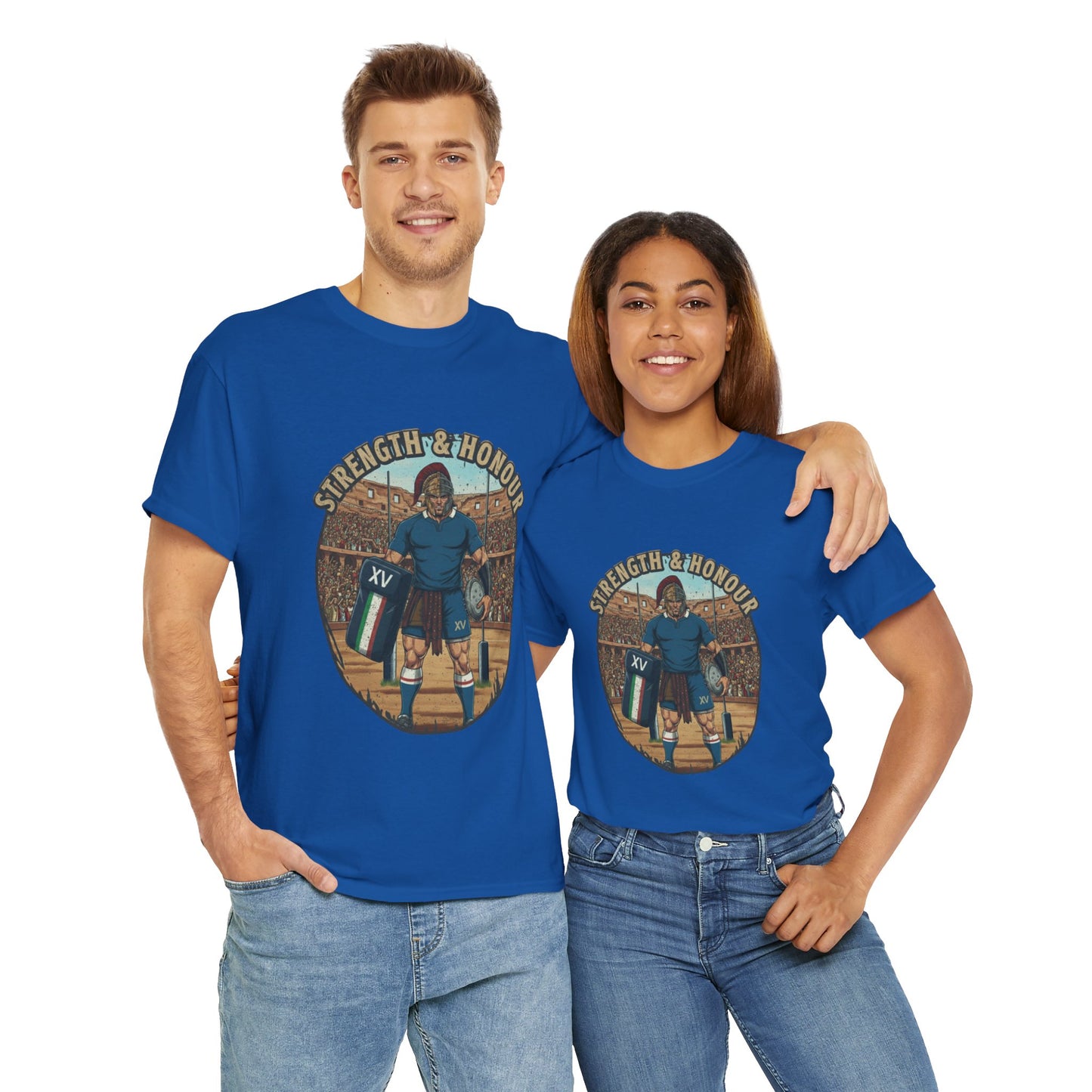 Couple wearing Blue t-shirt with a graphic of an Italian rugby player with `Strength & Honour` text on a white background
