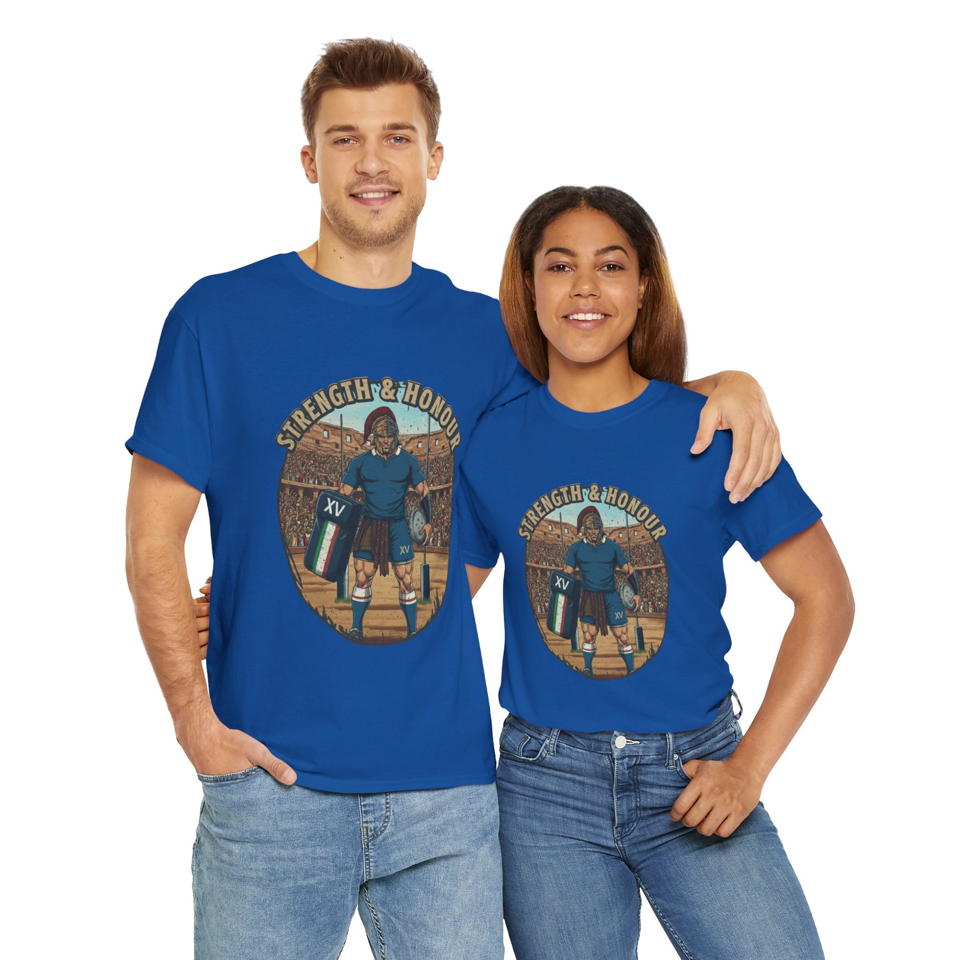 Couple wearing Blue t-shirt with a graphic of an Italian rugby player with `Strength & Honour` text on a white background