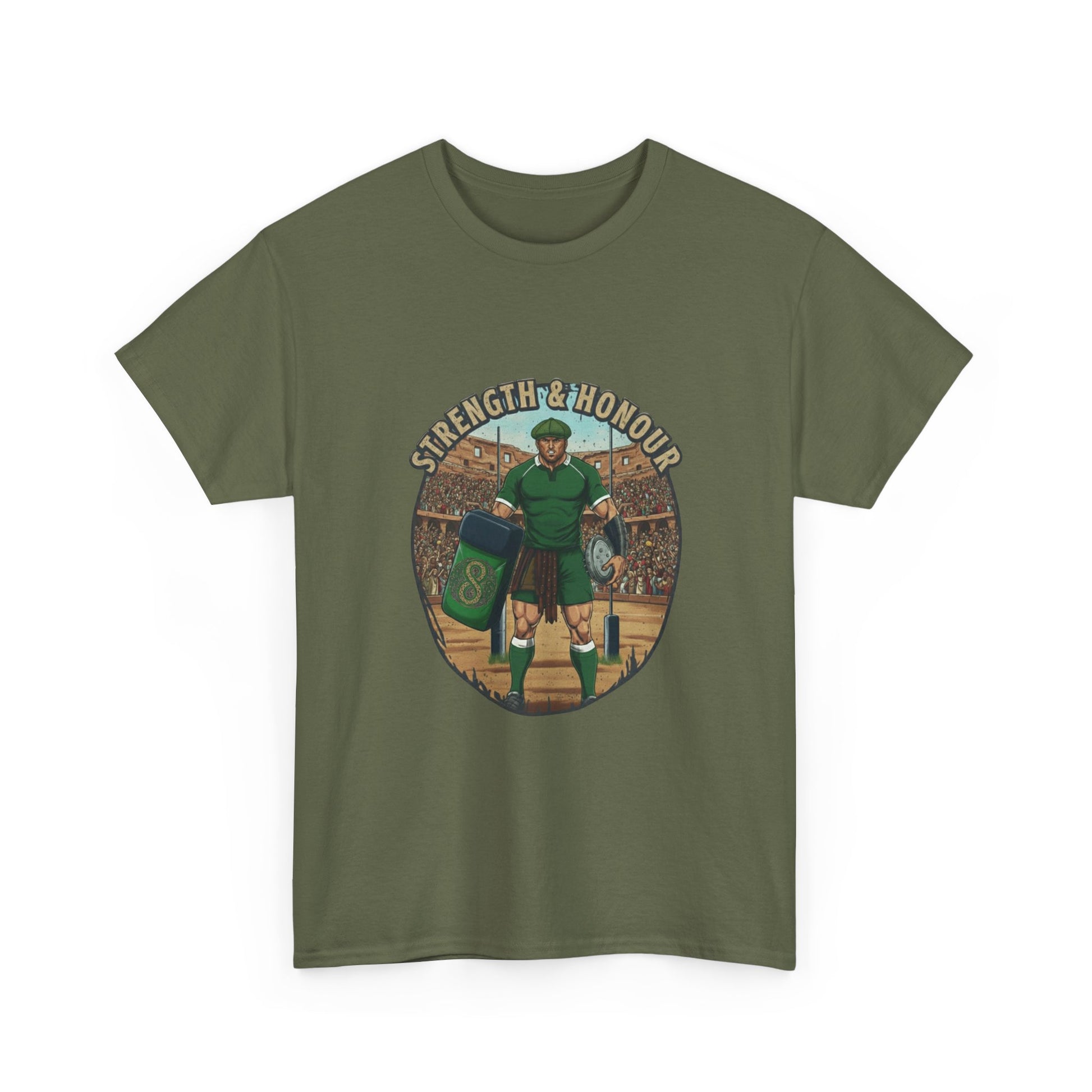 Army green t-shirt with a graphic of a Irish rugby player with `Strength & Honour` text on a white background
