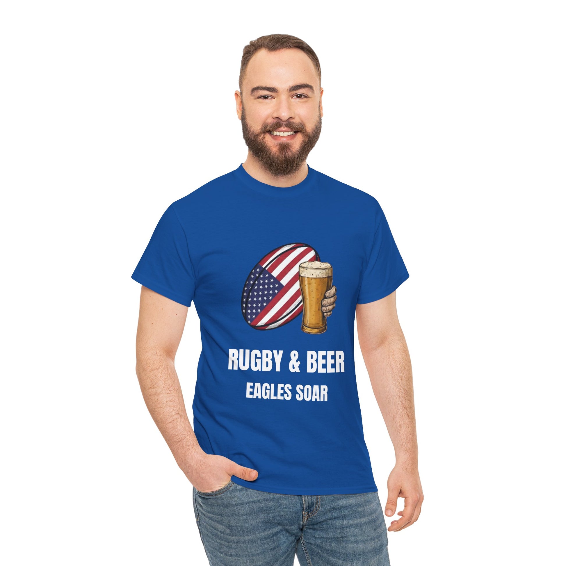 Man wearing wearing Black Eagles Soar t-shirt with rugby and beer graphic and text on a white background
